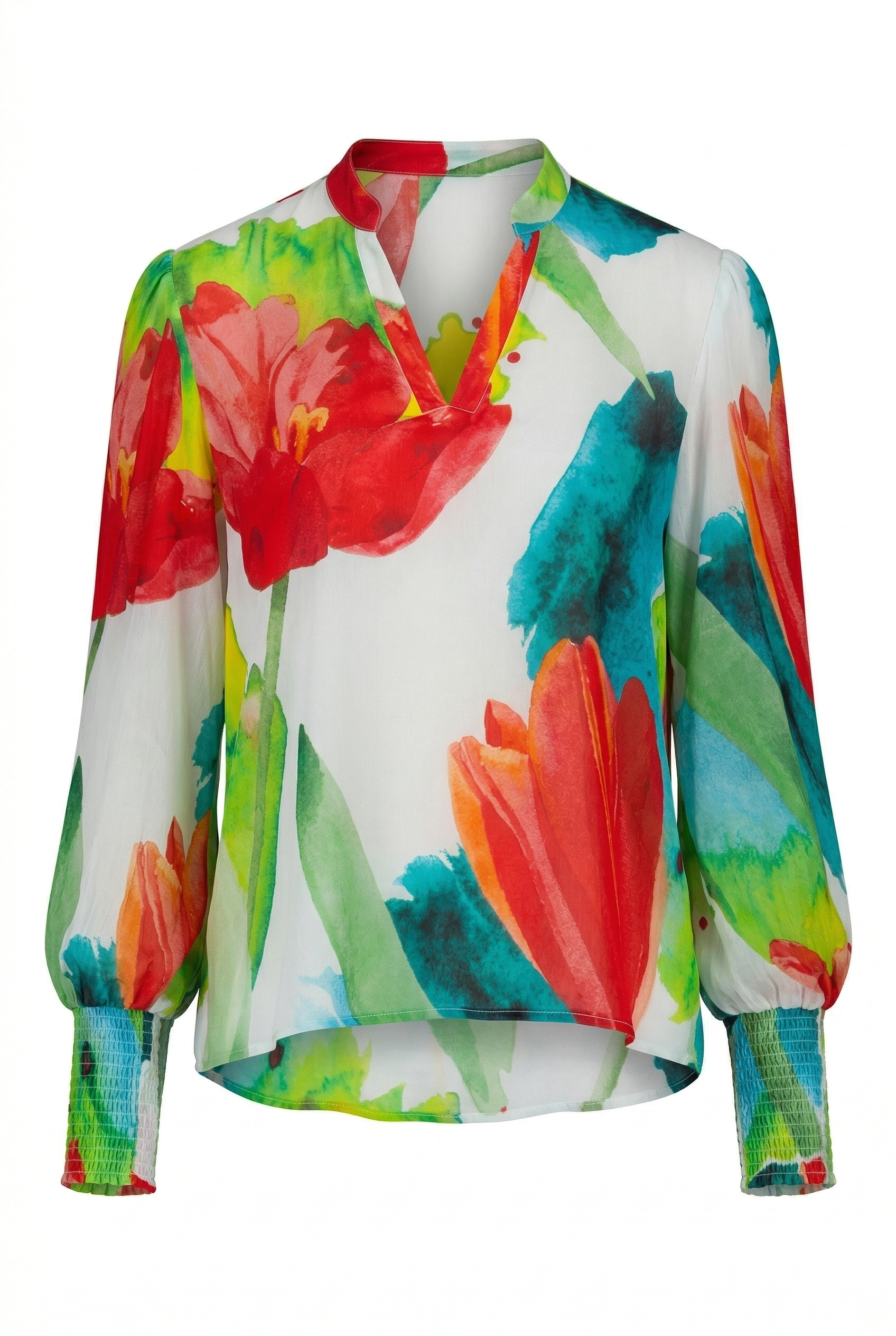 Colorful floral blouse with red, green, and blue flowers on a white background