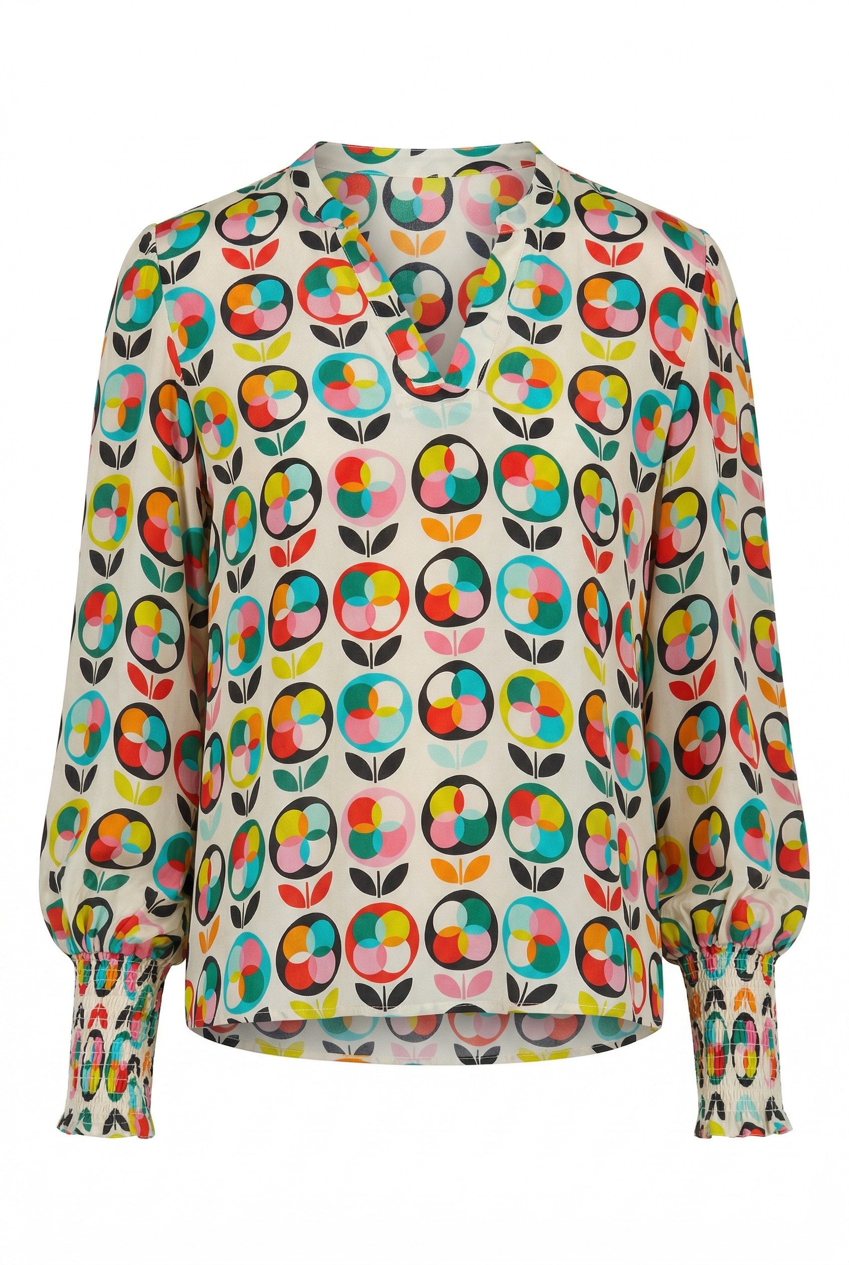 Colorful patterned blouse on a white background