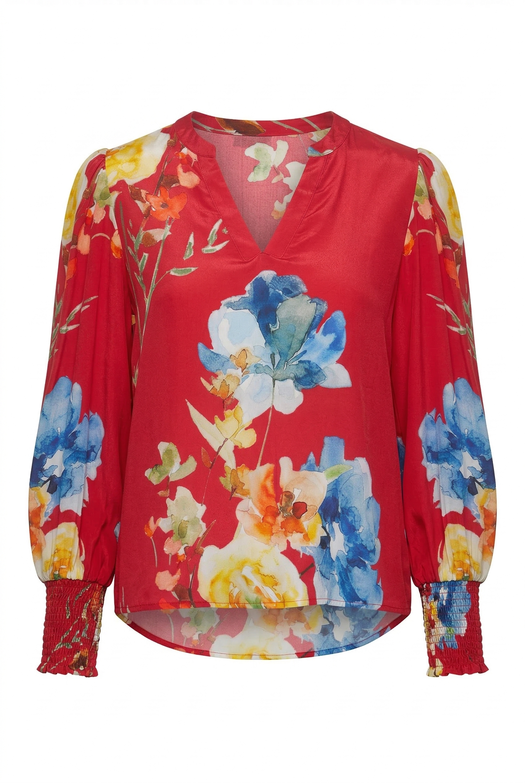Red blouse with colorful floral pattern on a white background
