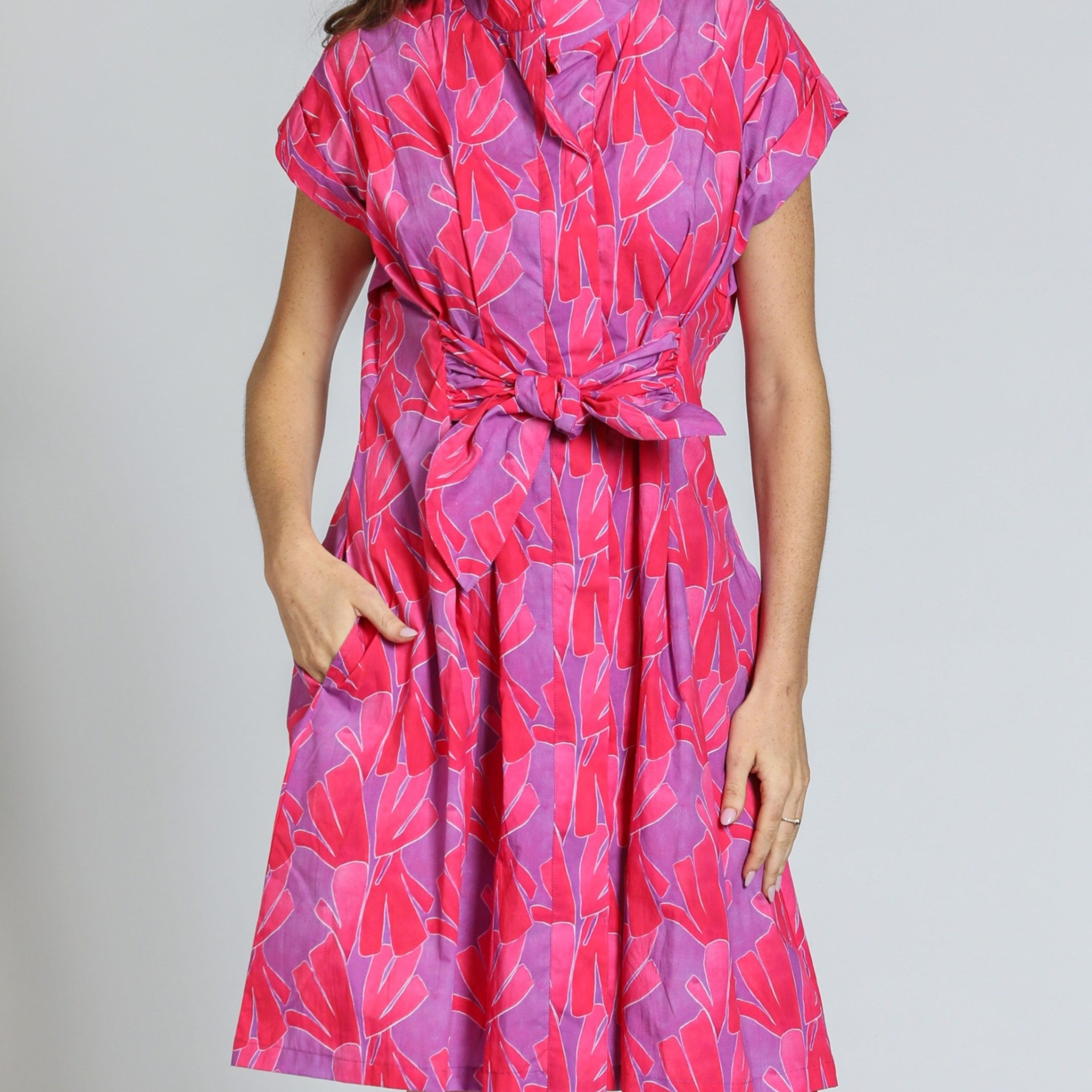 Short Sleeve Shirt Dress With Self Tie