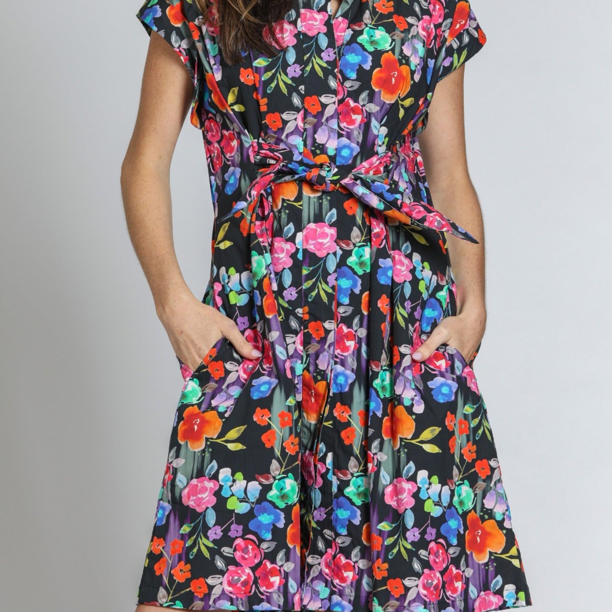 Short Sleeve Shirt Dress With Self Tie