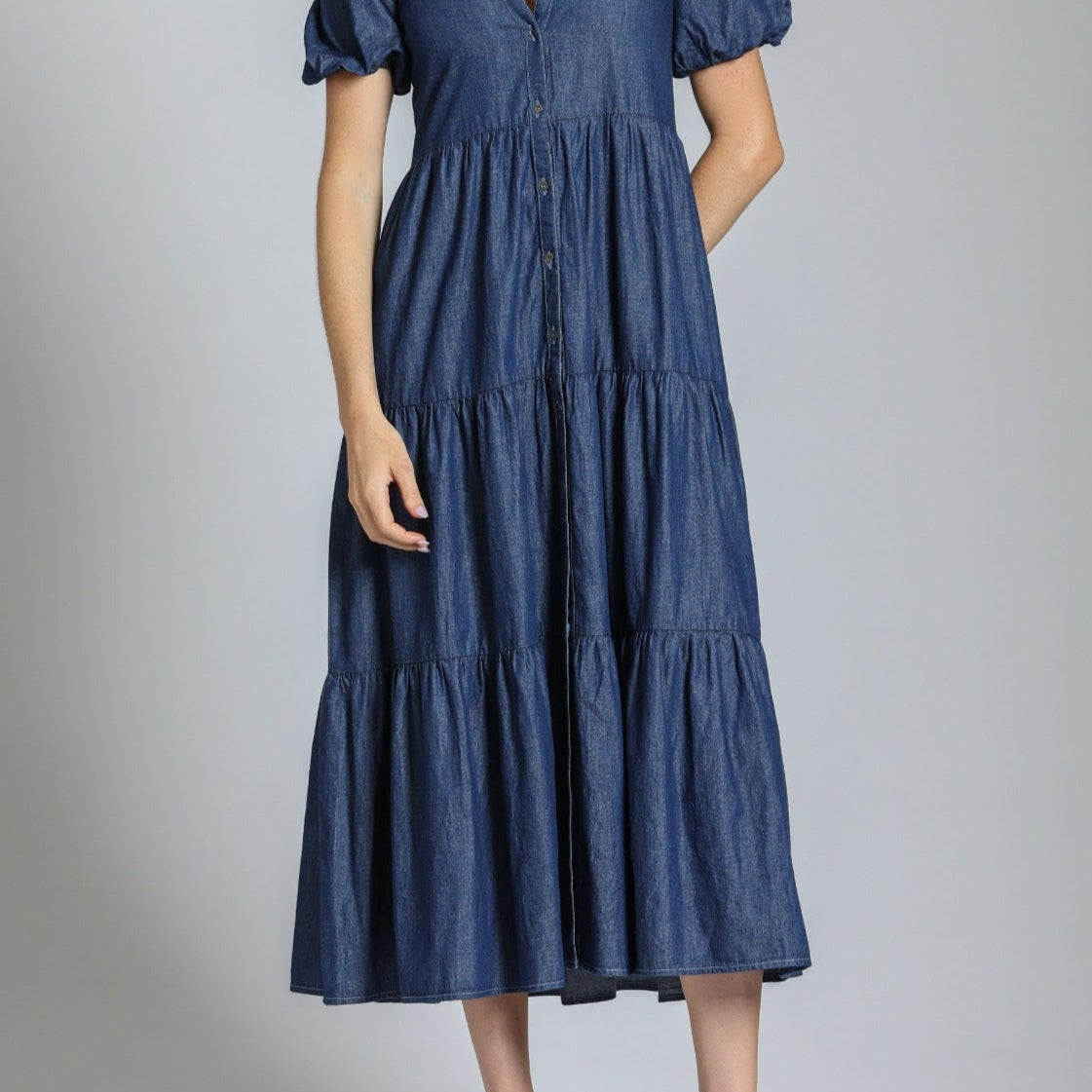 Long Tiered Dress With Puff Sleeve