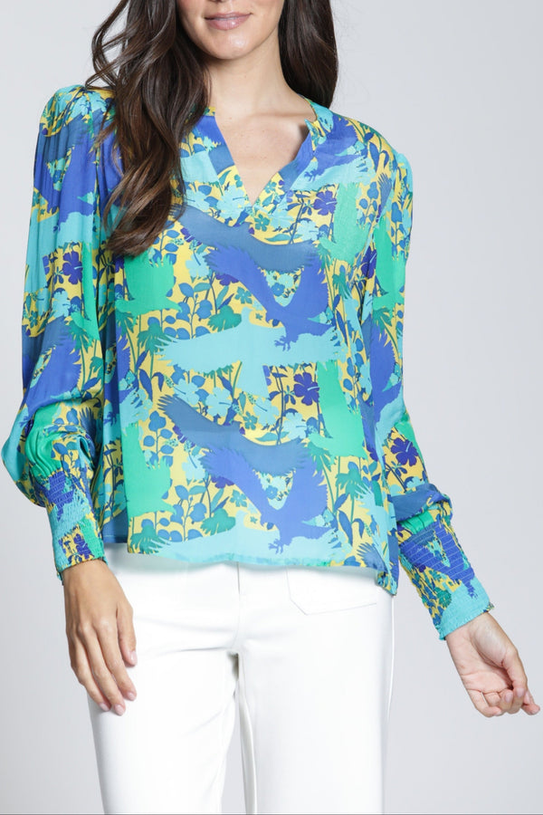 Split Neck Top With Smocked Cuffs