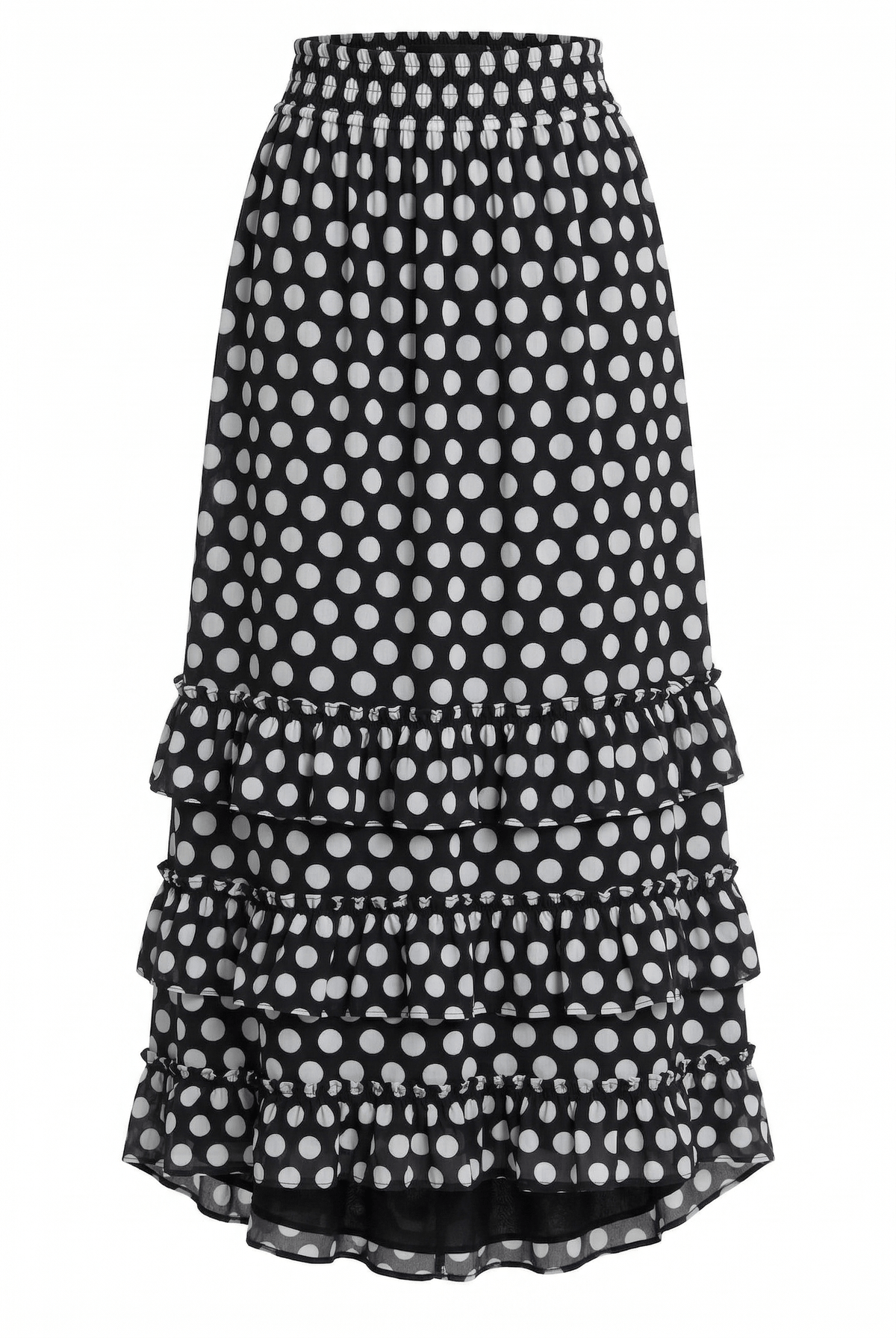 Black and white polka dot skirt with ruffled layers on a white background