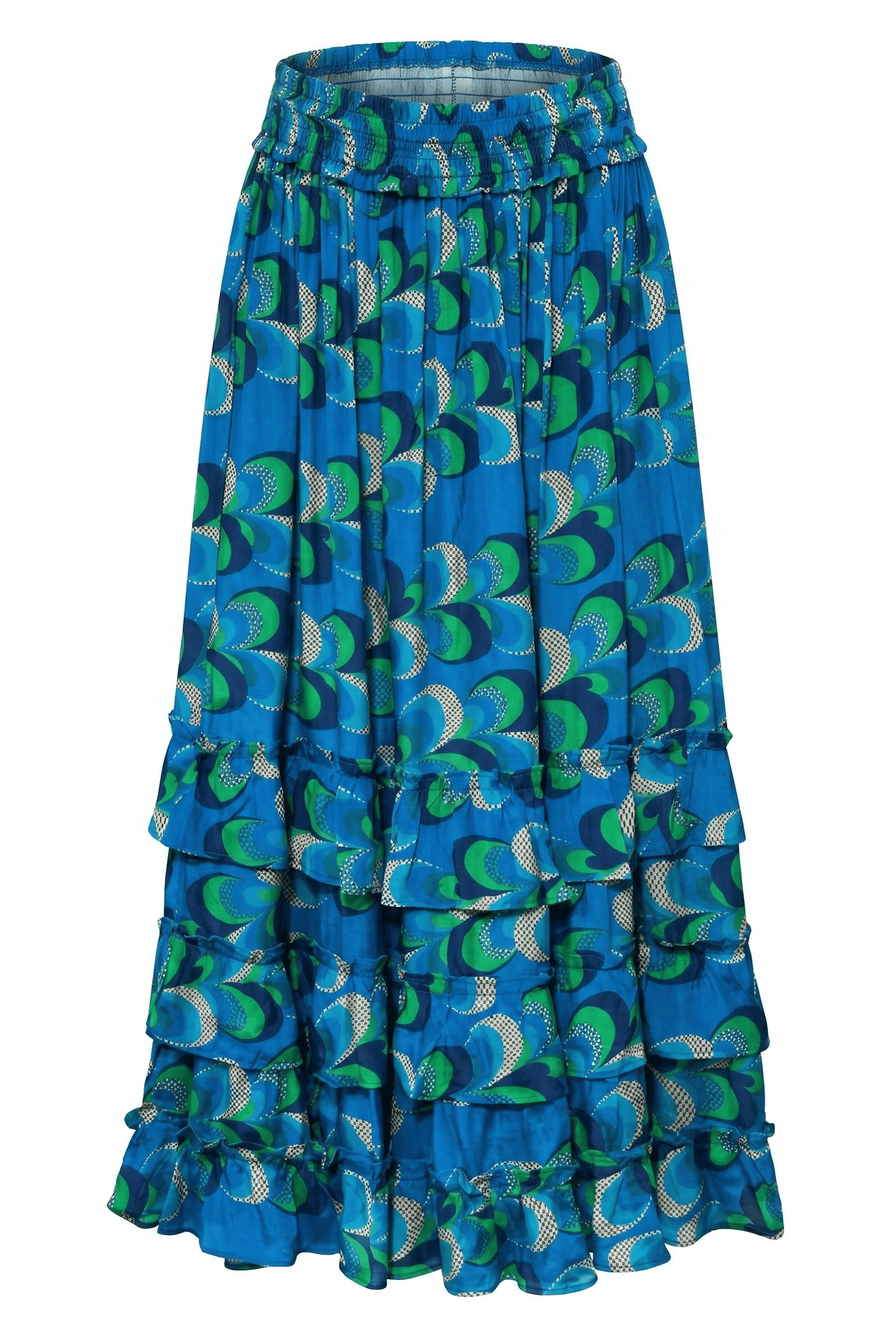 Blue and green patterned skirt on a white background