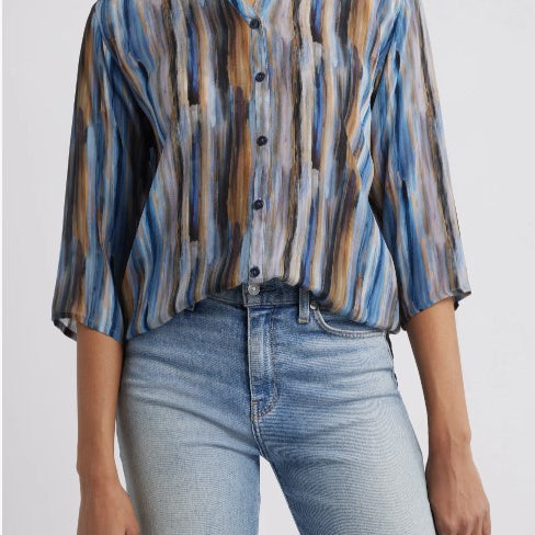 3/4 Sleeve Mandarin Collar Button-up