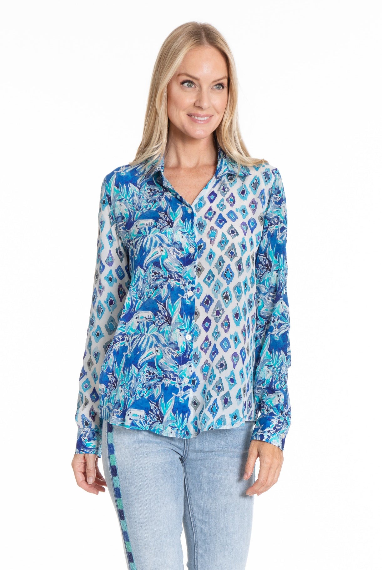 Tropical Treescape Mixed Print - Button-up with Roll up Tab Sleeve/Mix Media Front APNY