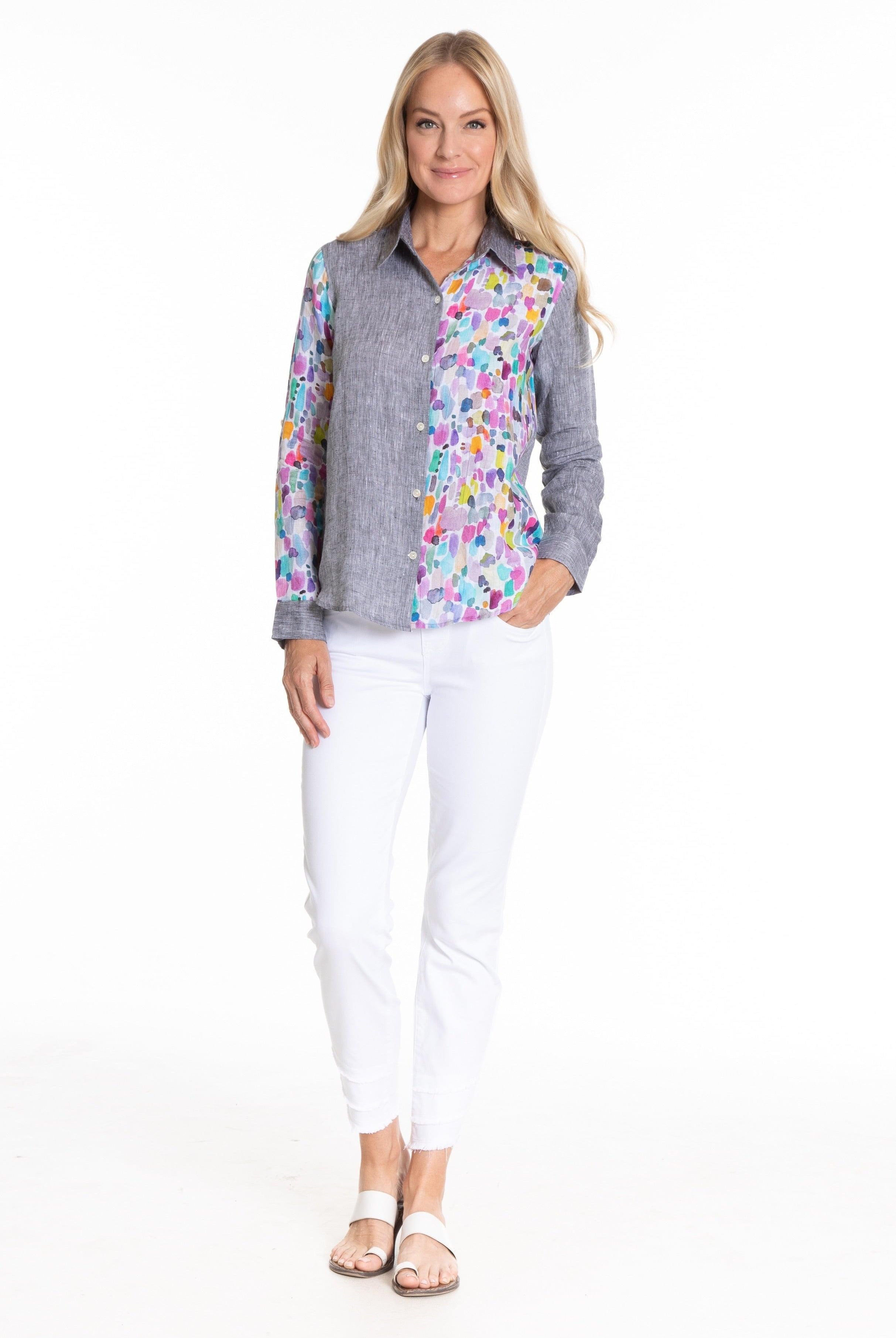 Button-up Top with Roll up Tab Sleeve/ Mix Media Pocket APNY