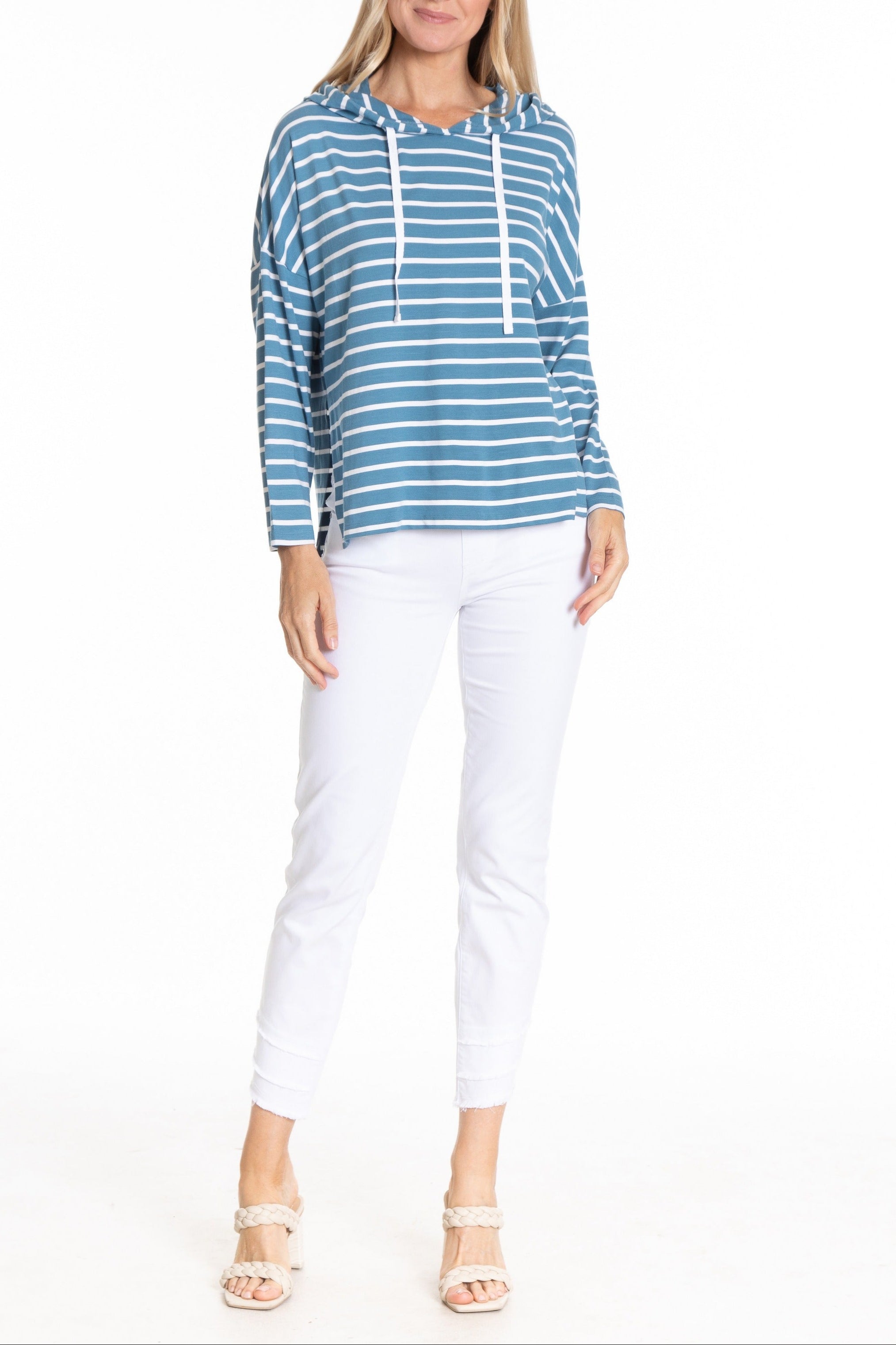 Hoodie With Side Slits -White Stripe | front side