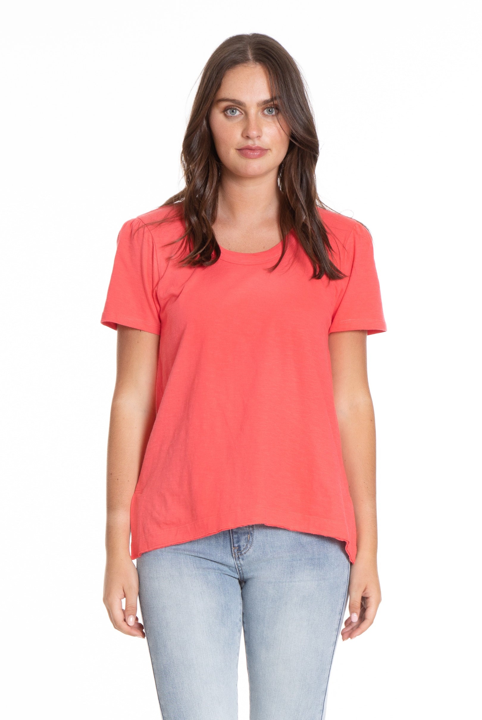 Ruched Sleeve Tee With Asym Hem Coral Front APNY