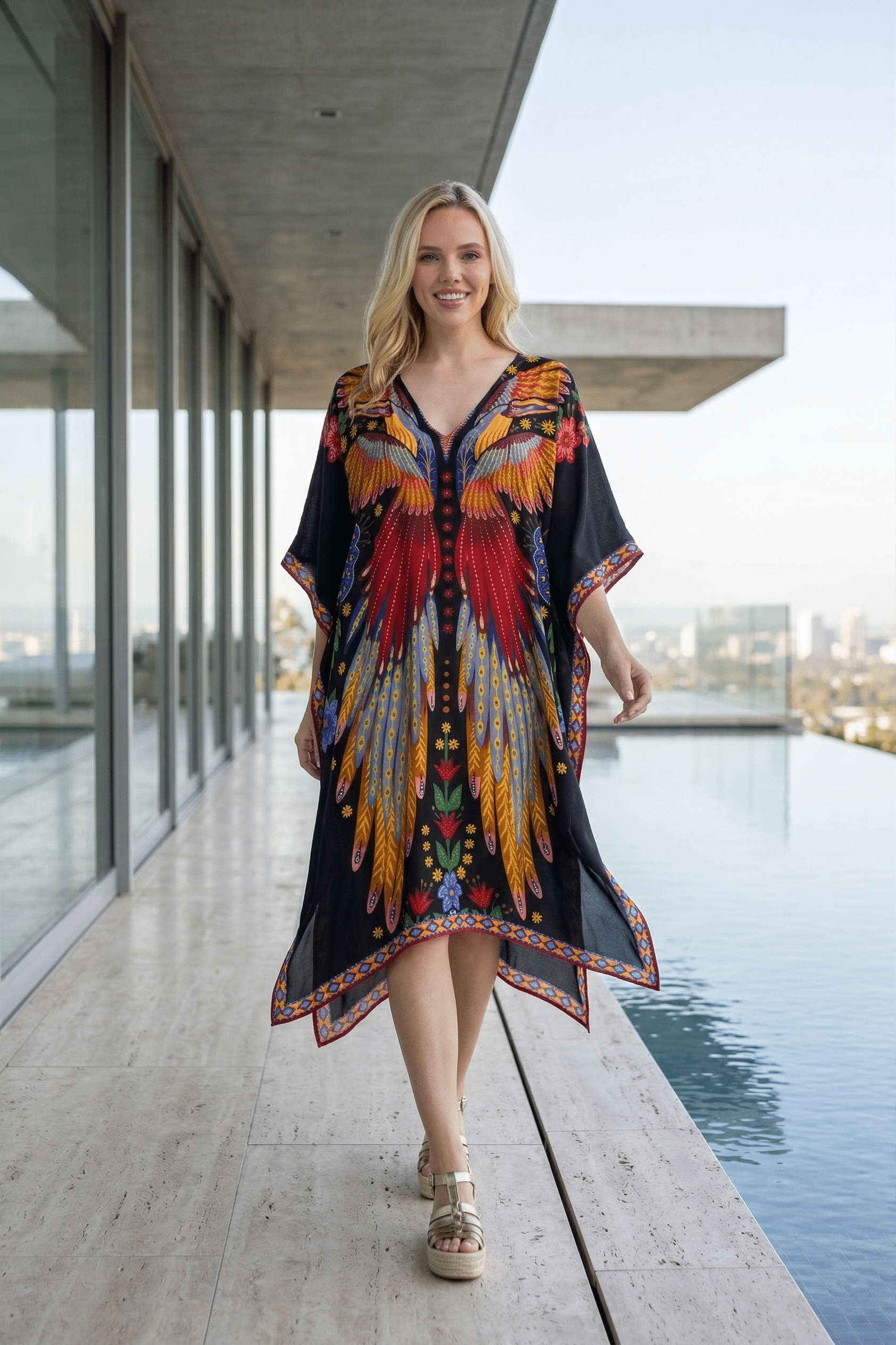 Woman wearing a colorful dress standing by a pool with modern architecture in the background