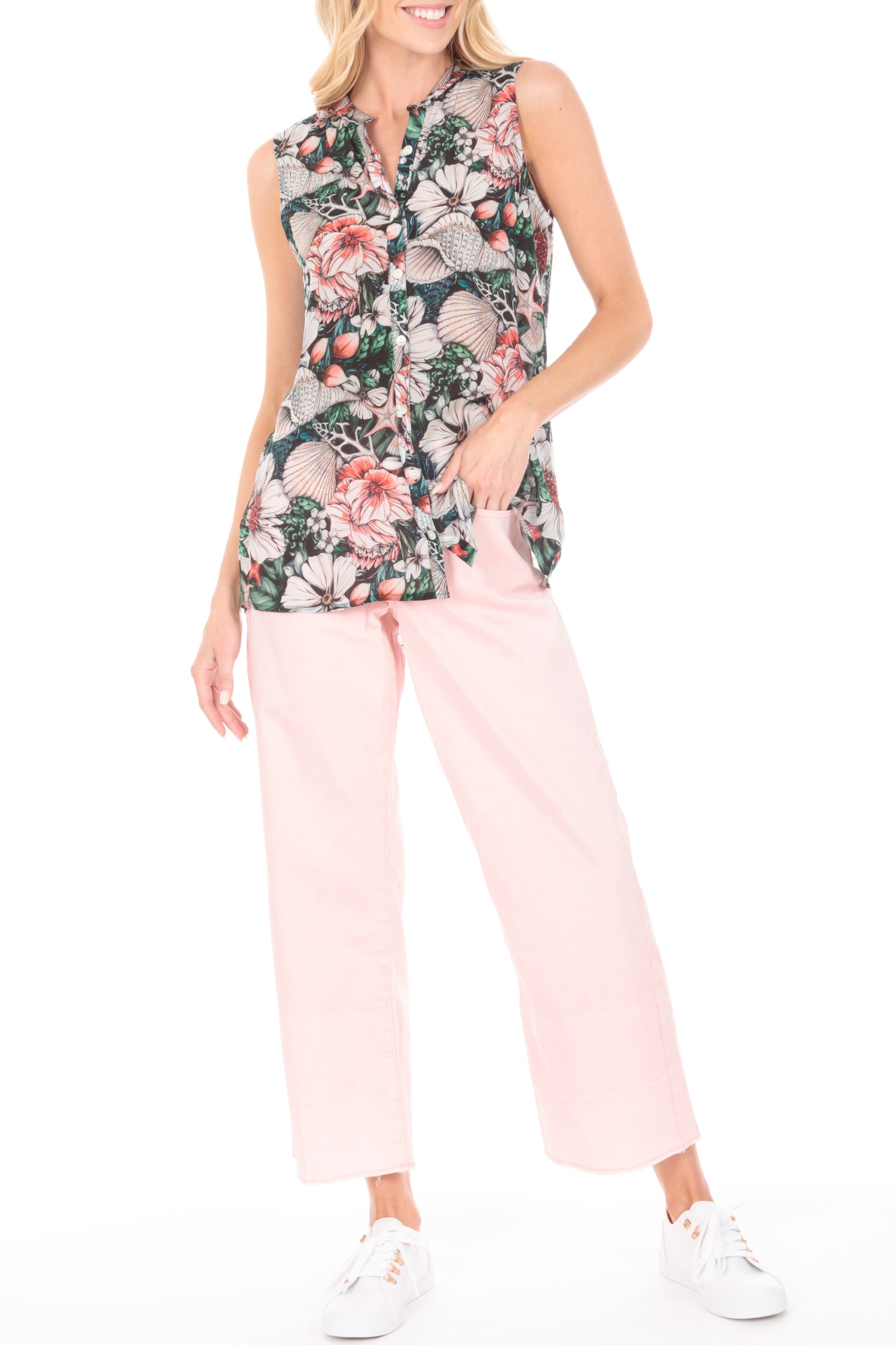 Button up tank flower-print