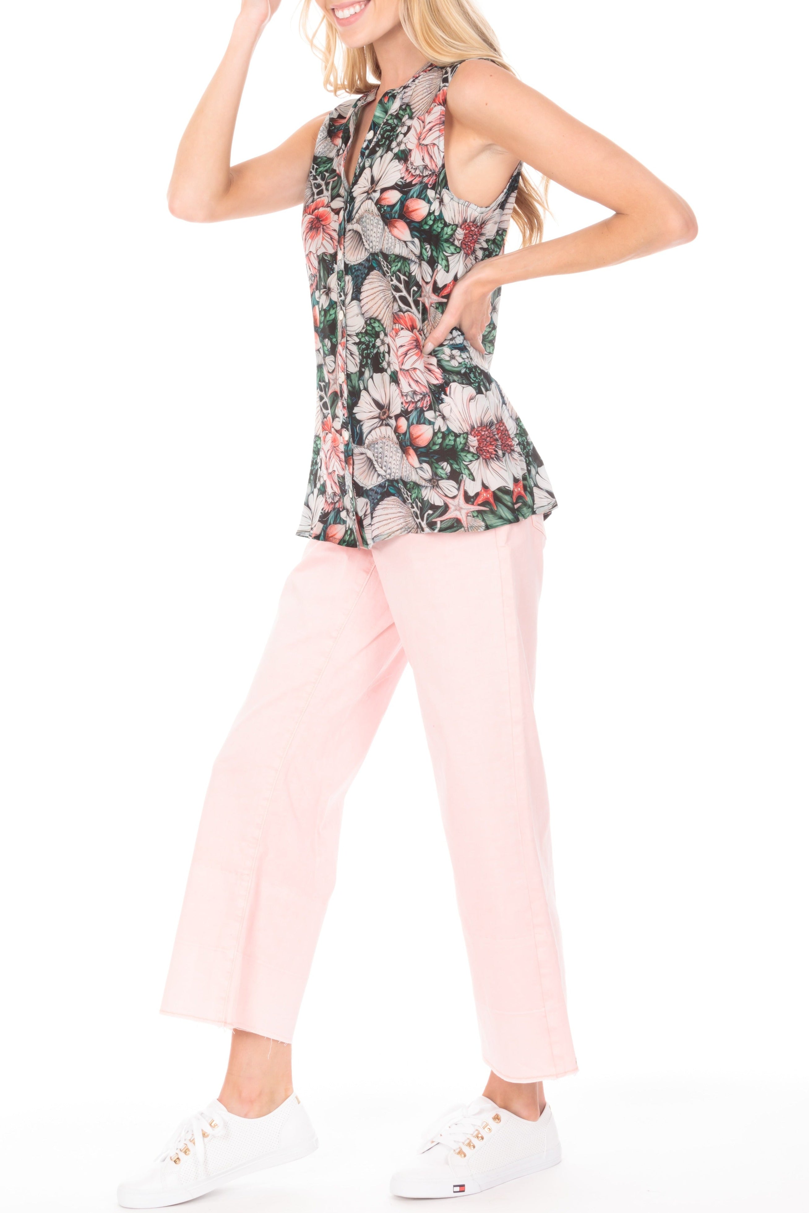 Button up tank flower-print