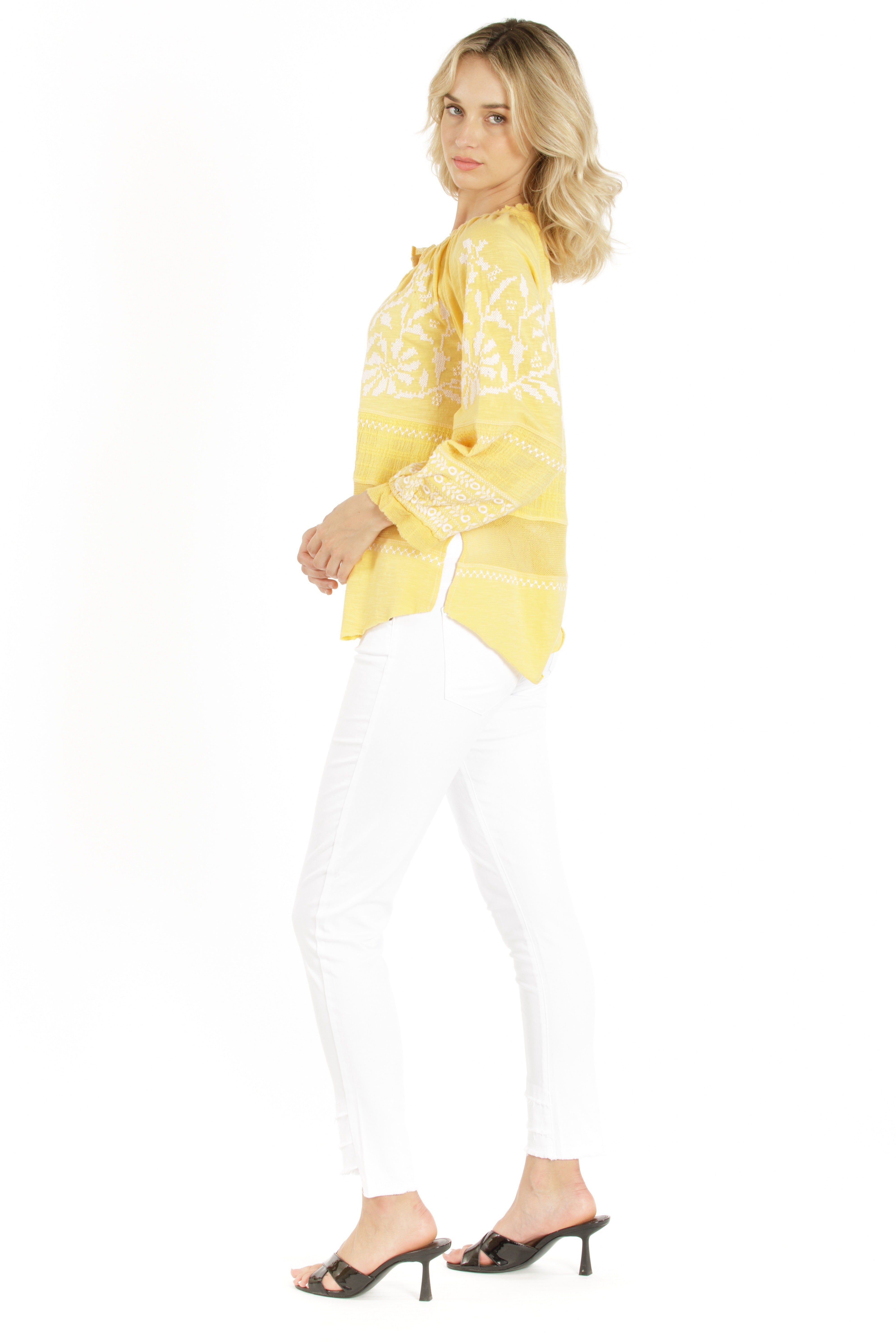 Embroidered Mix Media Peasant Top - Primrose Yellow