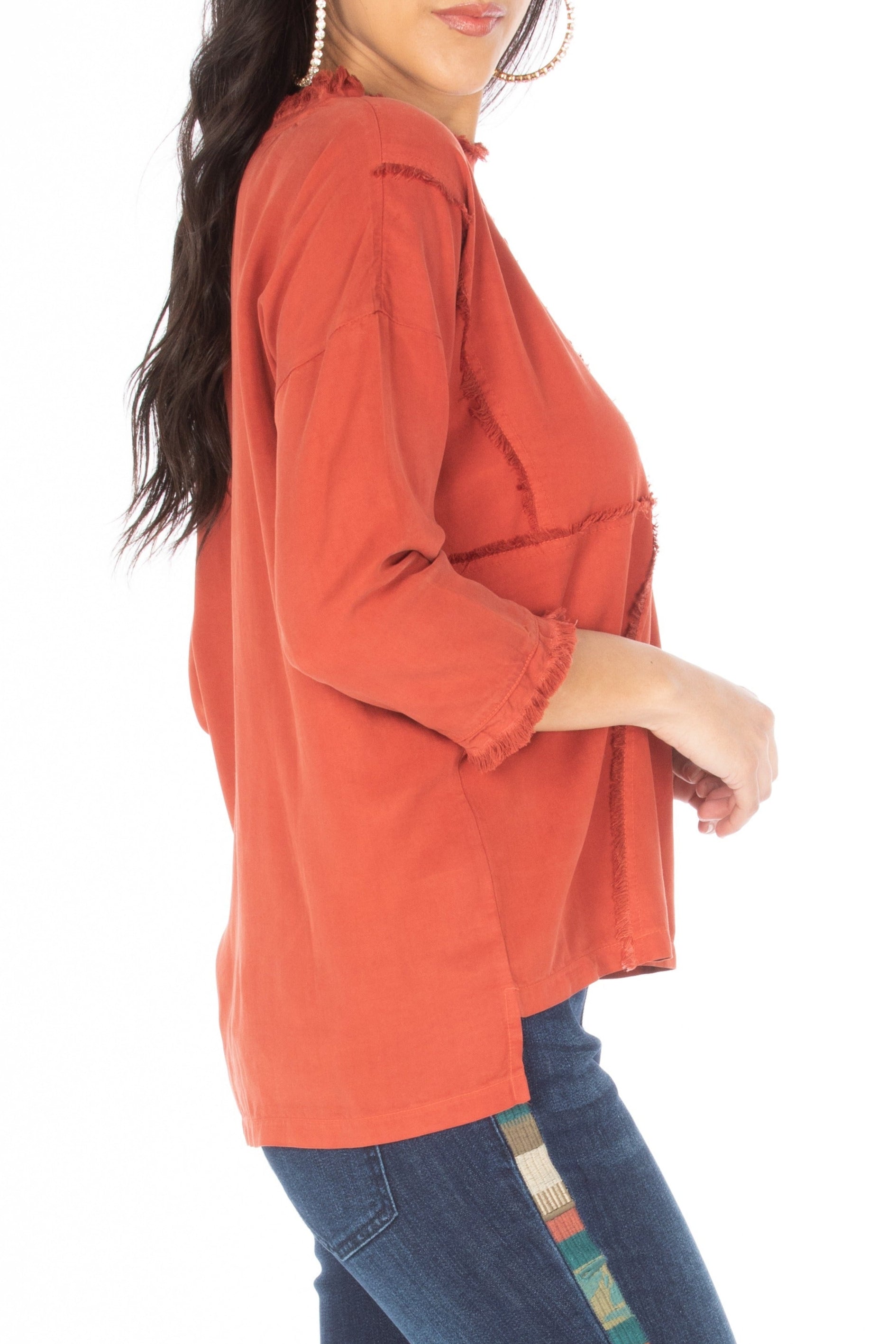 3/4 Sleeve Patched Tee w/Frayed Seams Side APNY
