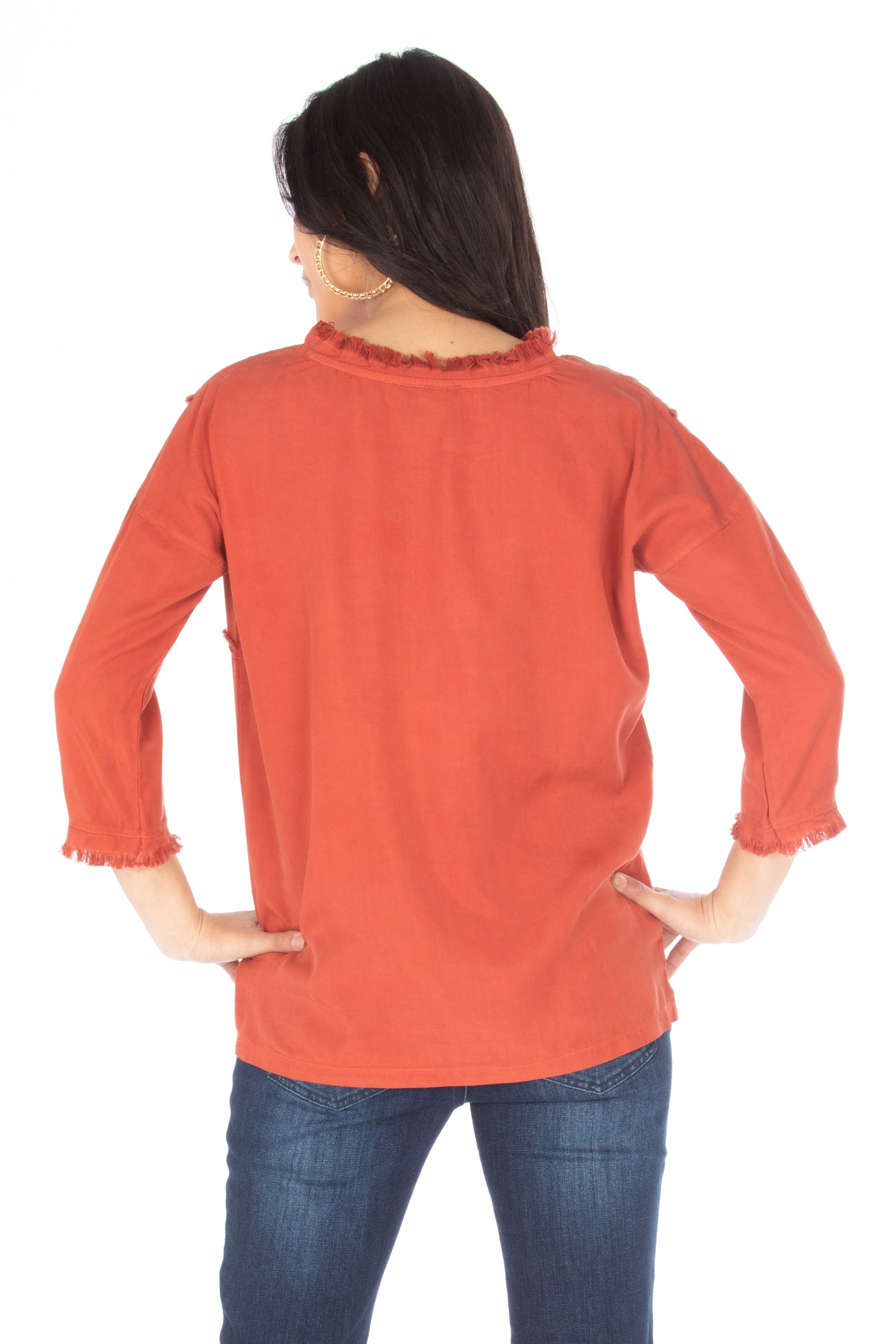 3/4 Sleeve Patched Tee w/Frayed Seams Back APNY