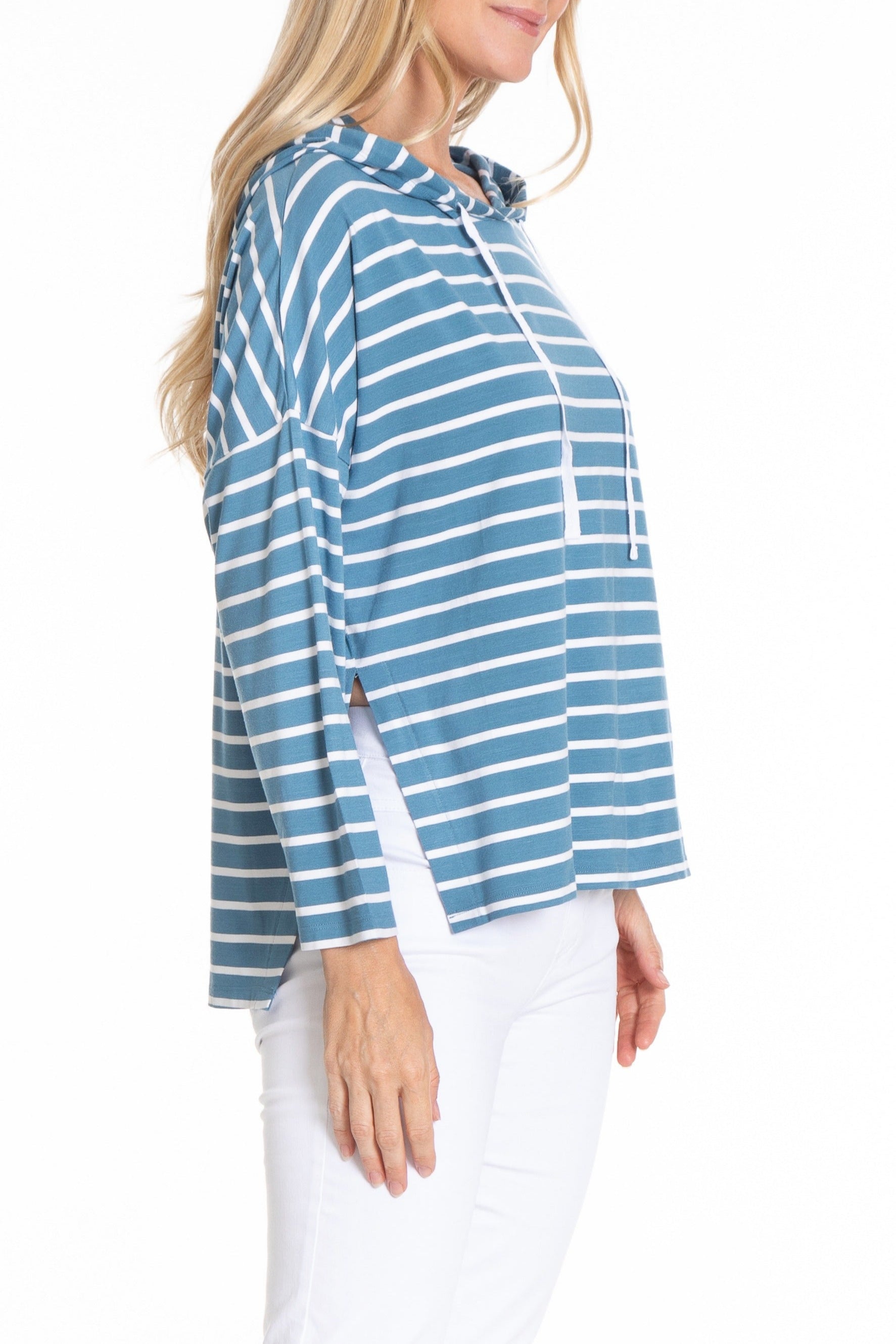  white Stripe Hoodie With Side Slits| right side