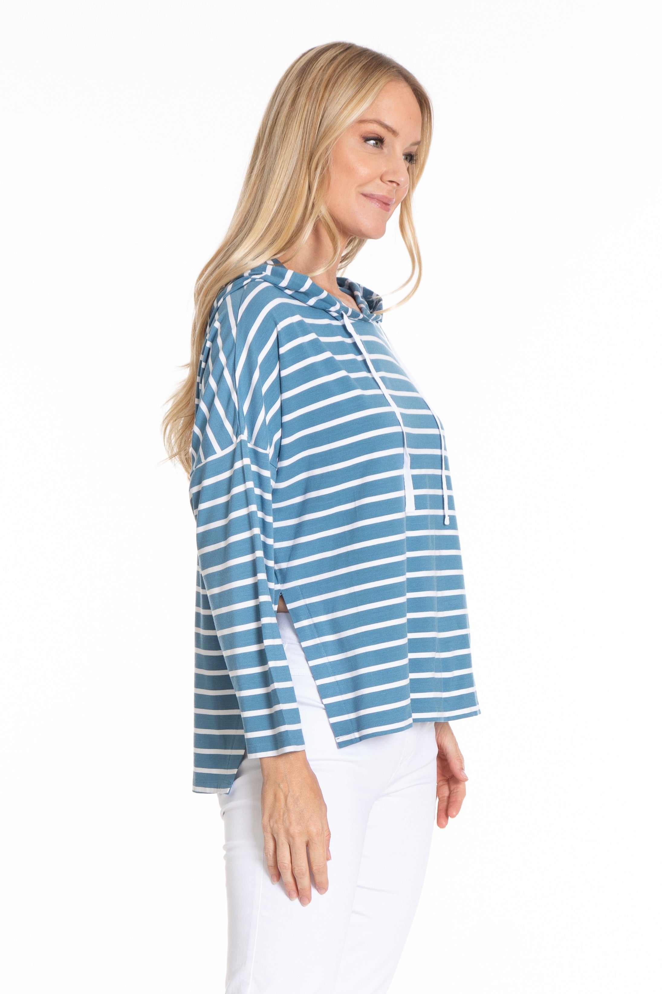  white Stripe Hoodie With Side Slits| right side