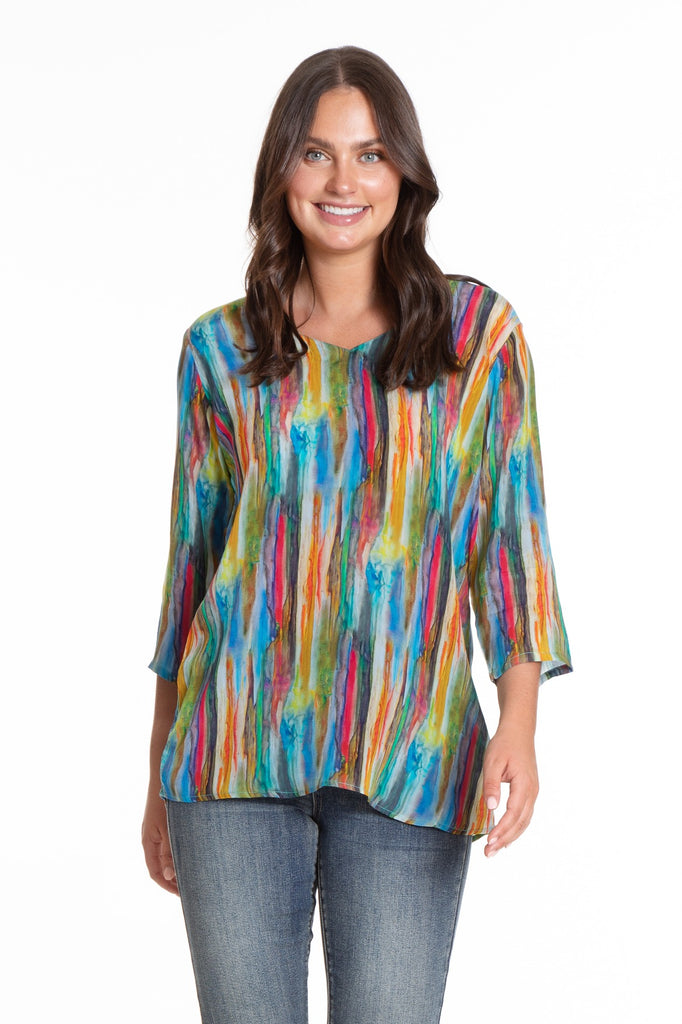 Abstract Watercolor Stripe - 3/4 Sleeve V-Neck Top Front APNY