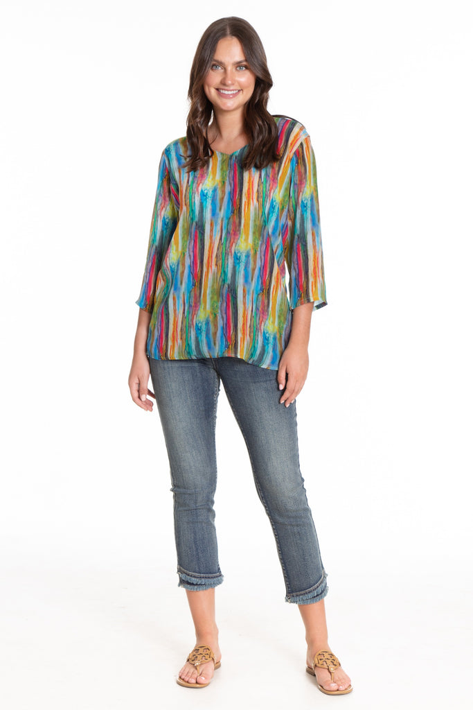Abstract Watercolor Stripe - 3/4 Sleeve V-Neck Top Full APNY 