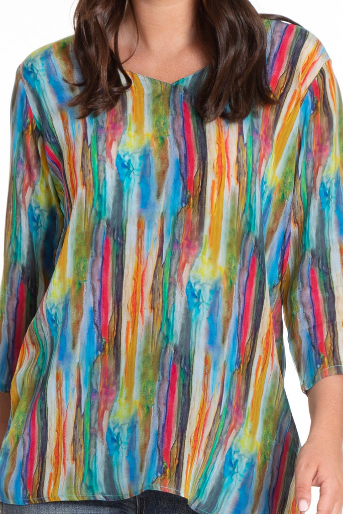 Abstract Watercolor Stripe - 3/4 Sleeve V-Neck Top Close APNY