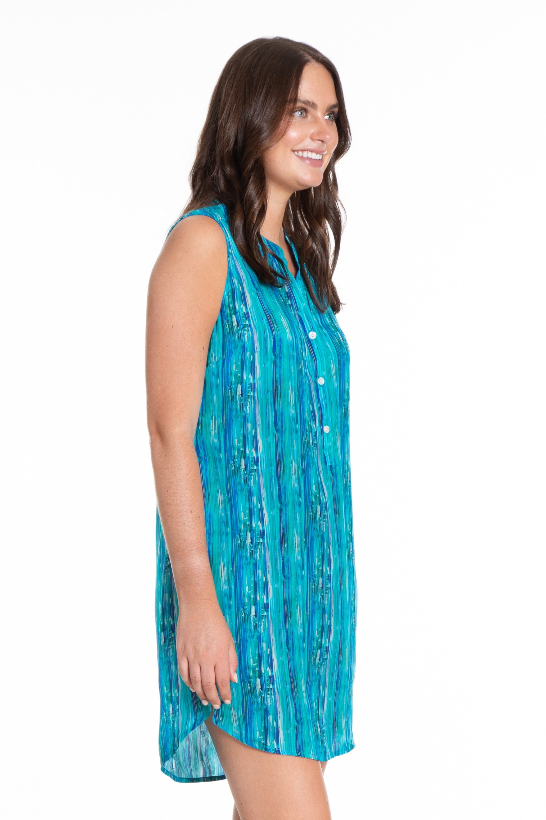Blue Water Stripe - Sleeveless Half Button-up Dress