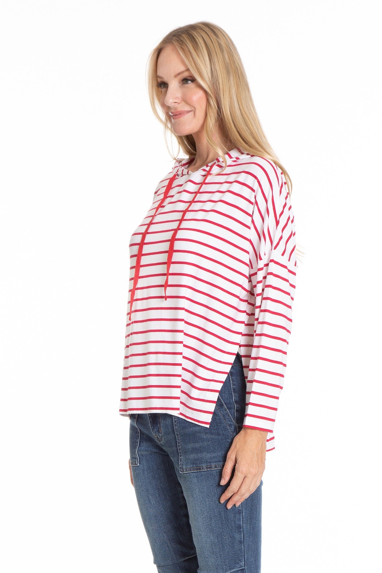 Red stripe Hoddie with side Slits | left side