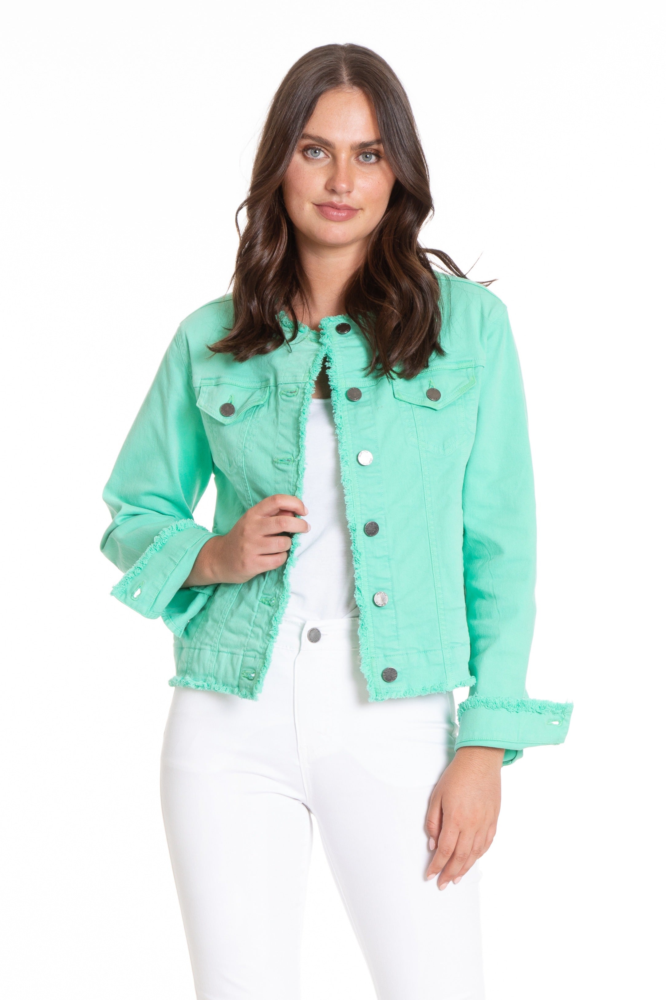  Collarless Jean Jacket With Frayed Detail Front APNY