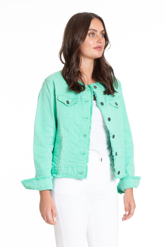 Collarless Jean Jacket With Frayed Detail Side APNY
