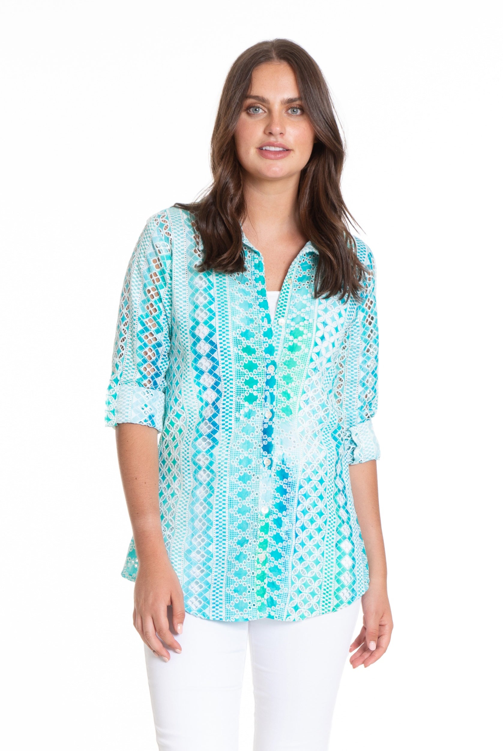 Blue Lagoon Stripe Print Button-up with Roll-up Sleeve