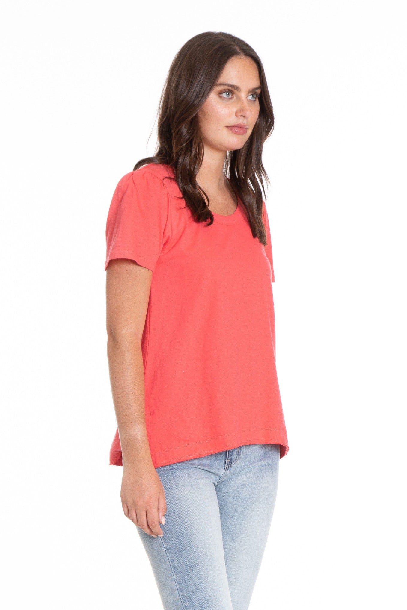 Ruched Sleeve Tee With Asym Hem Coral Side APNY