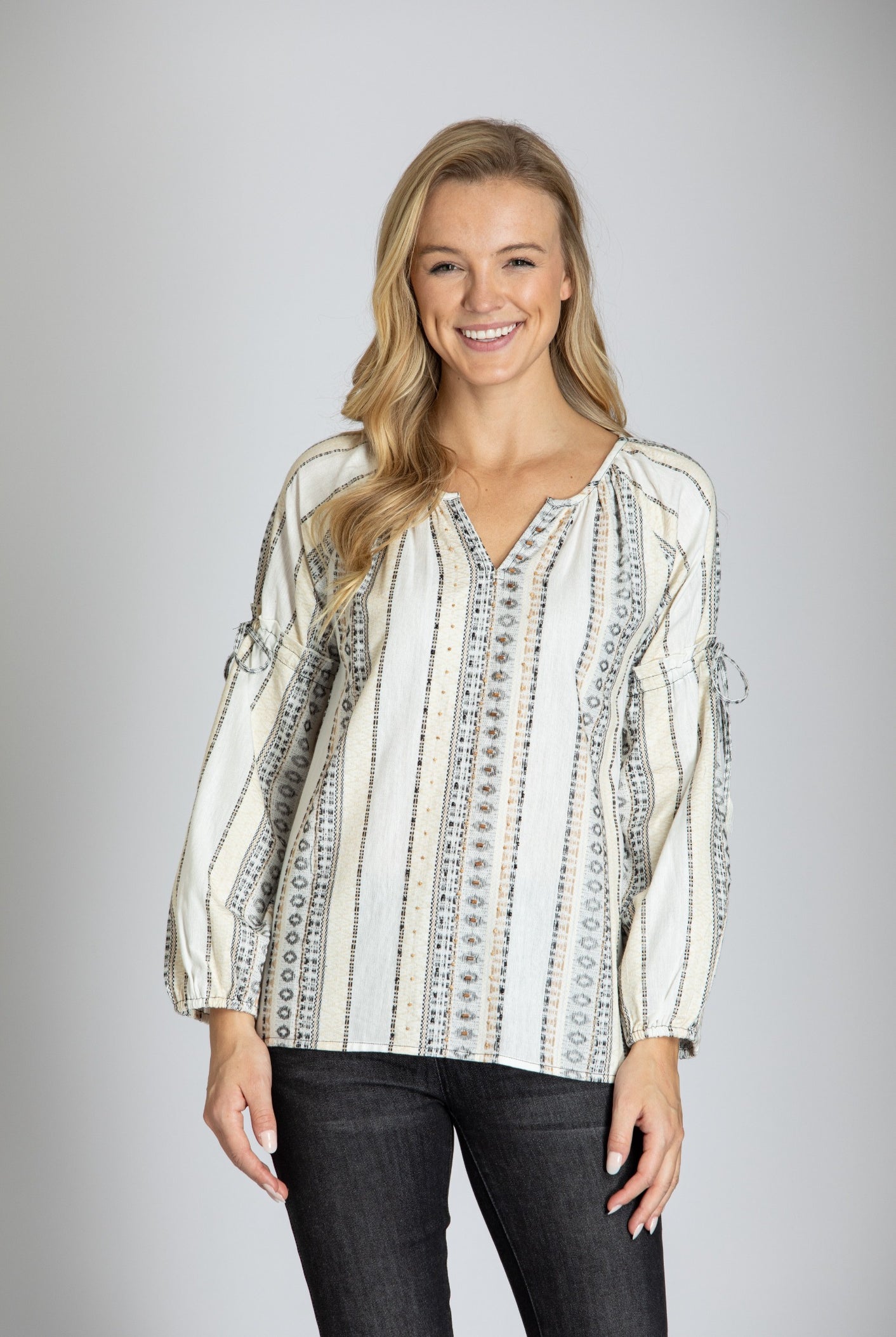 Woodbead panel front Jacquard Top With Bishop Sleeves APNY