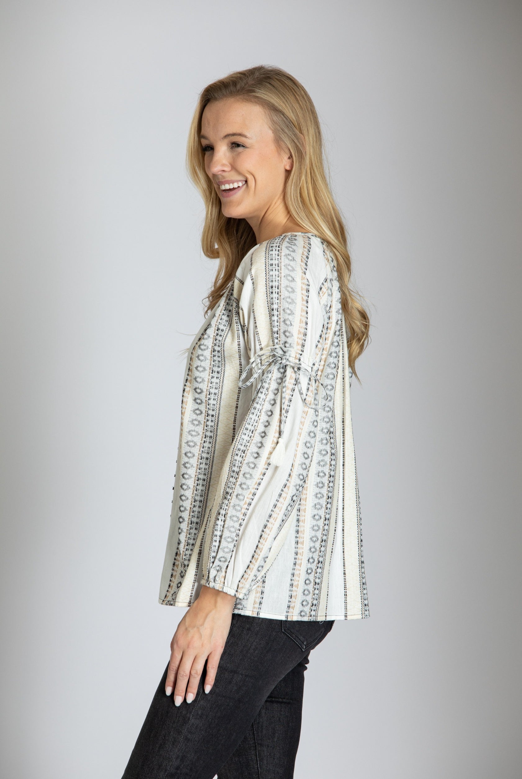 Woodbead panel front Jacquard Top With Bishop Sleeves APNY