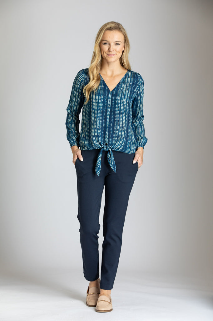 Ikat Stripe Print - V-neck Tie Front Top APNY