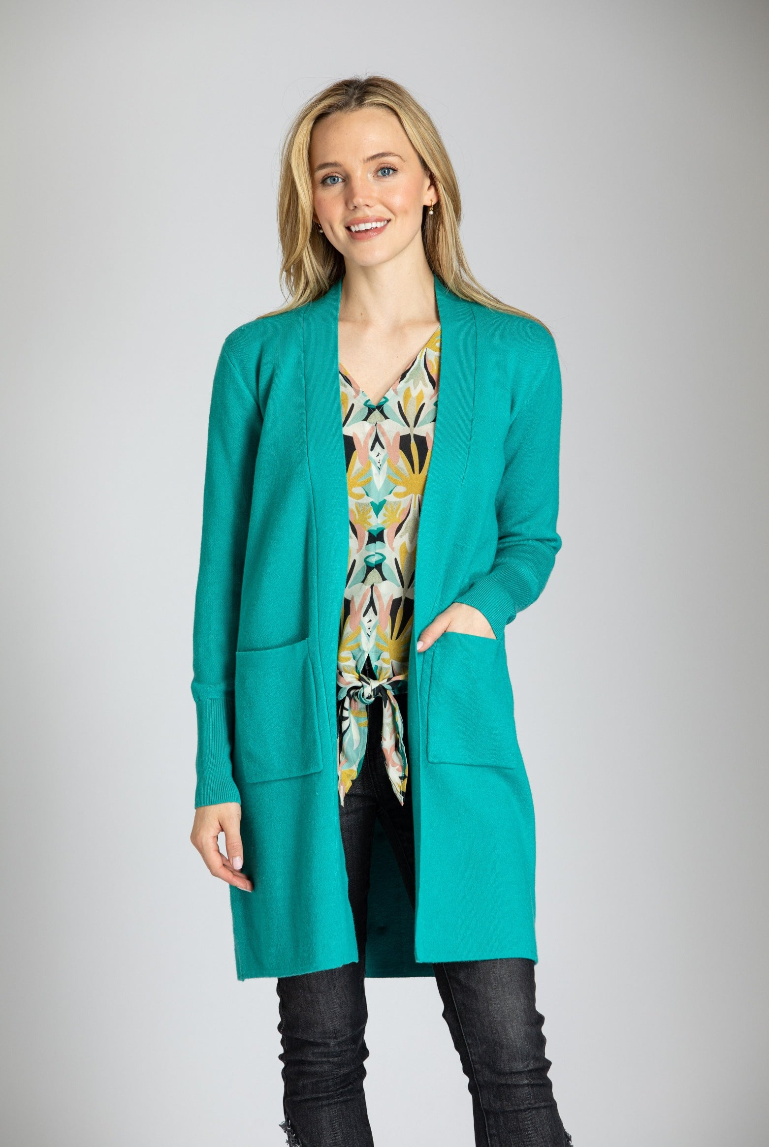 Open Front Cardigan With Back Button Detail - Turquoise APNY