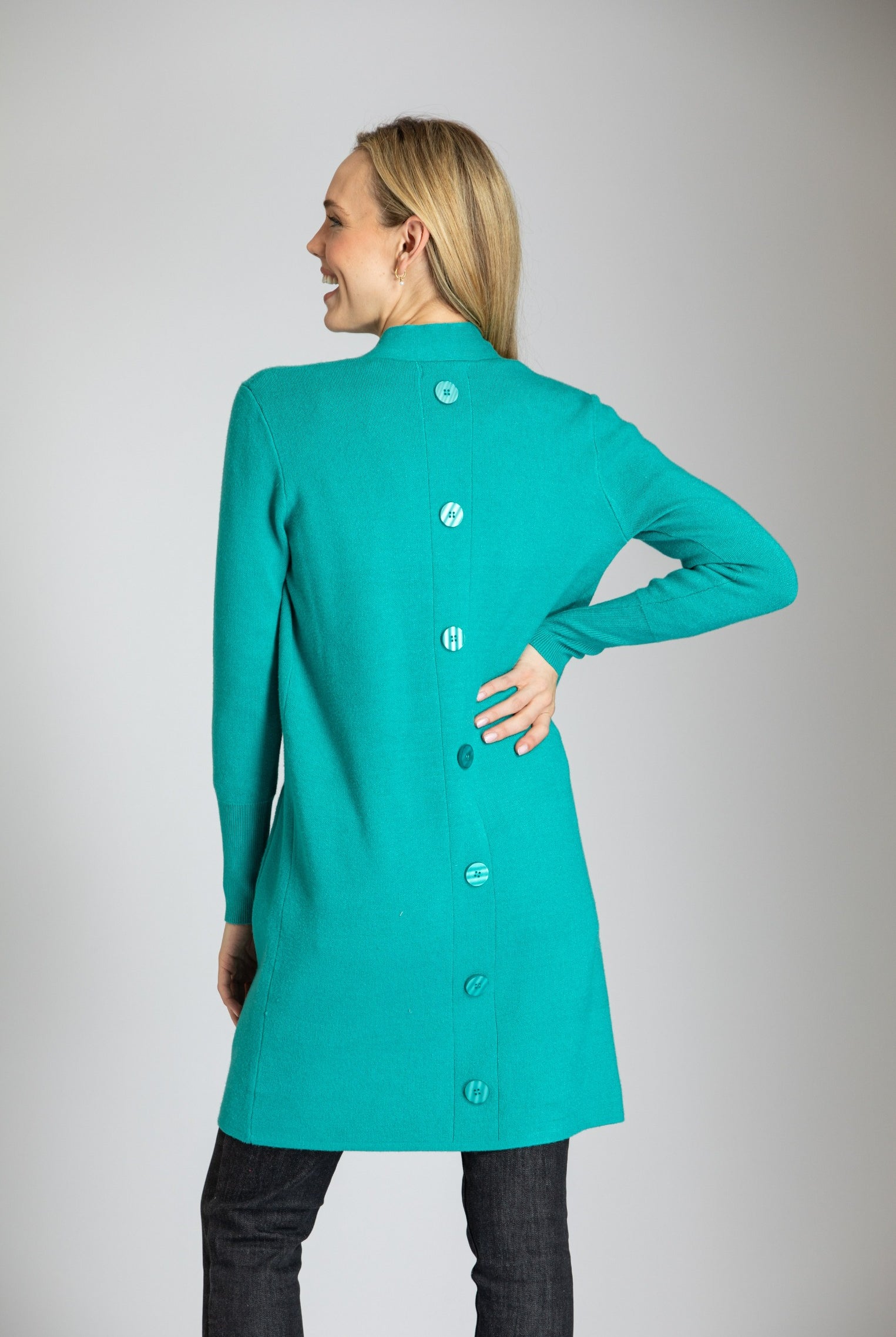 Open Front Cardigan With Back Button Detail - Turquoise APNY