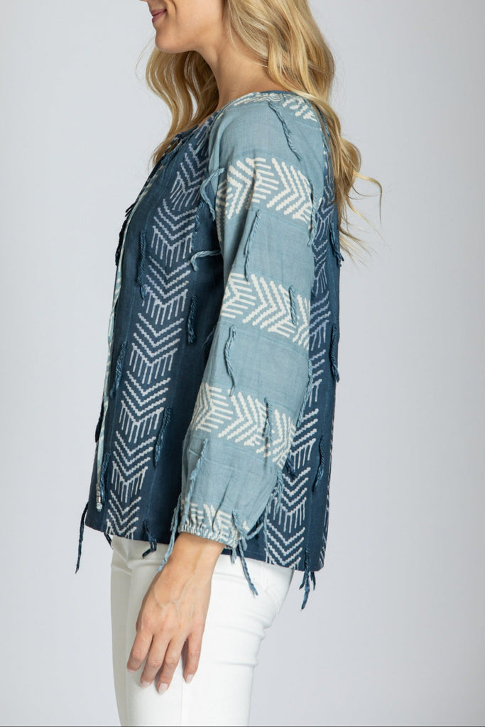 Block Printed Peasant Top With Fringed Detail APNY