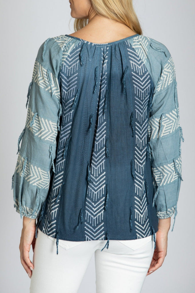 Block Printed Peasant Top With Fringed Detail APNY