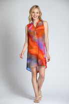 Artsy Brush Strokes Print - Sleeveless 1/2 Button-up Dress