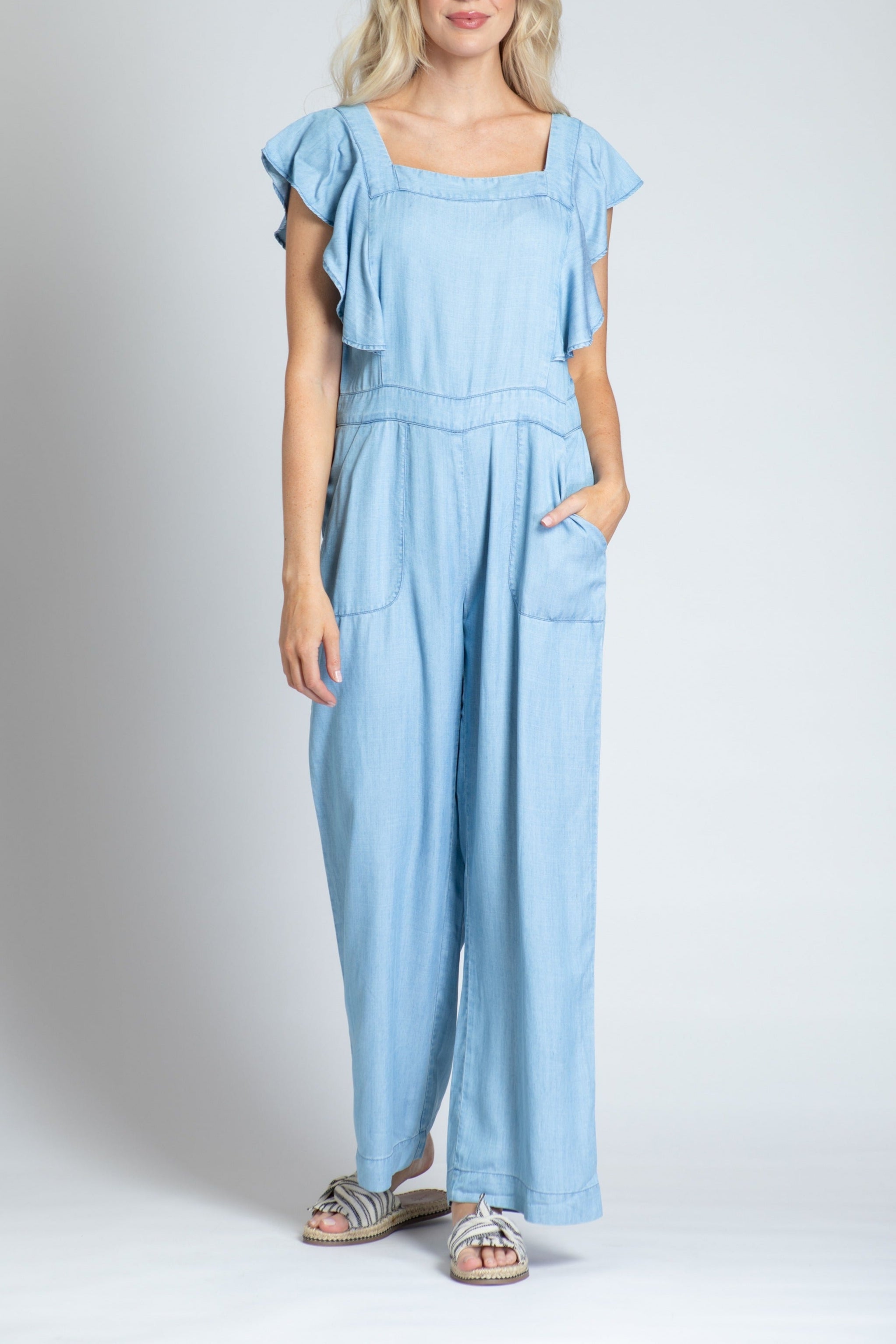 Jumpsuite With Flutter Sleeve - Light Indigo