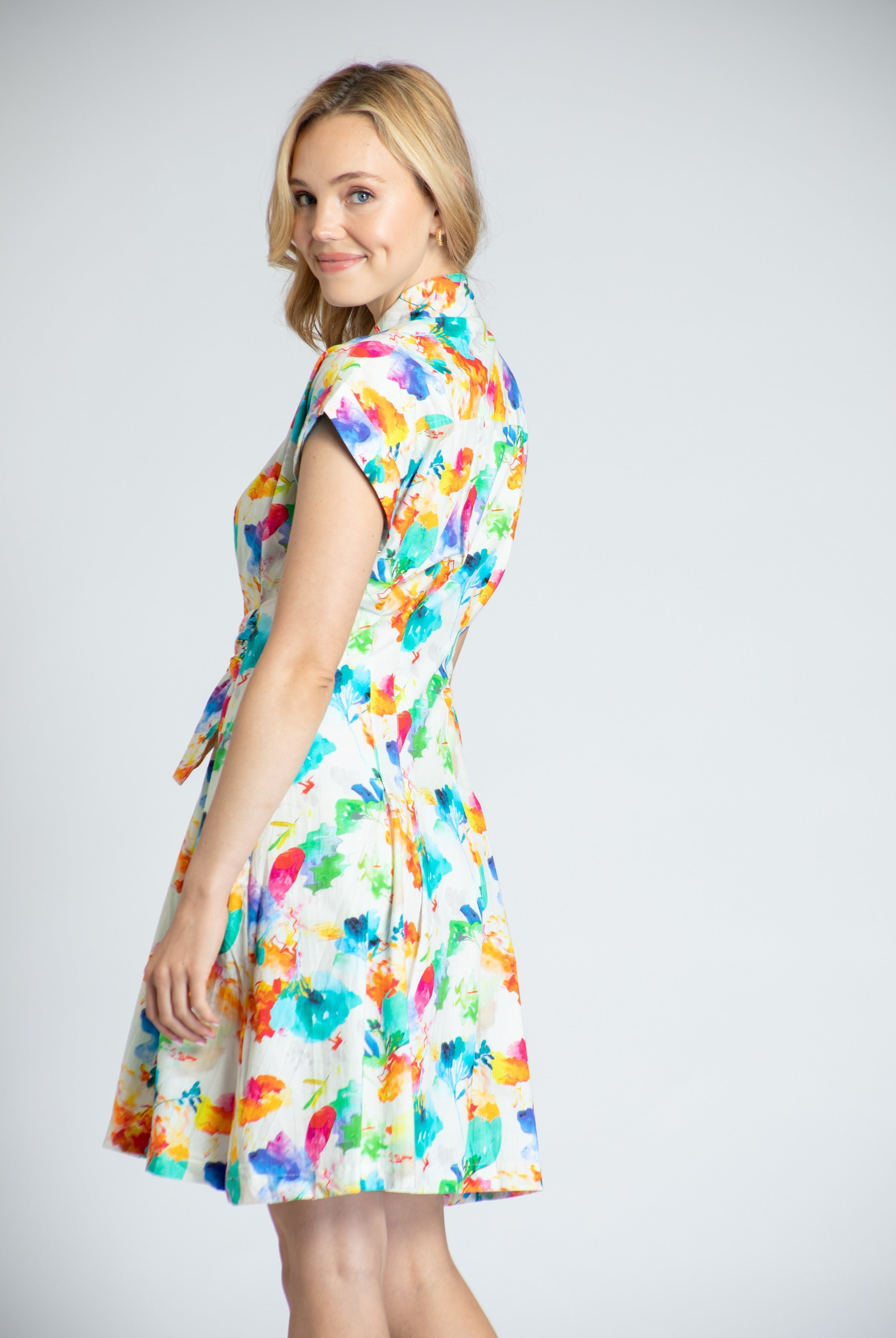 Abstract Bloom Print - Short Sleeve Shirt Dress With Self Tie