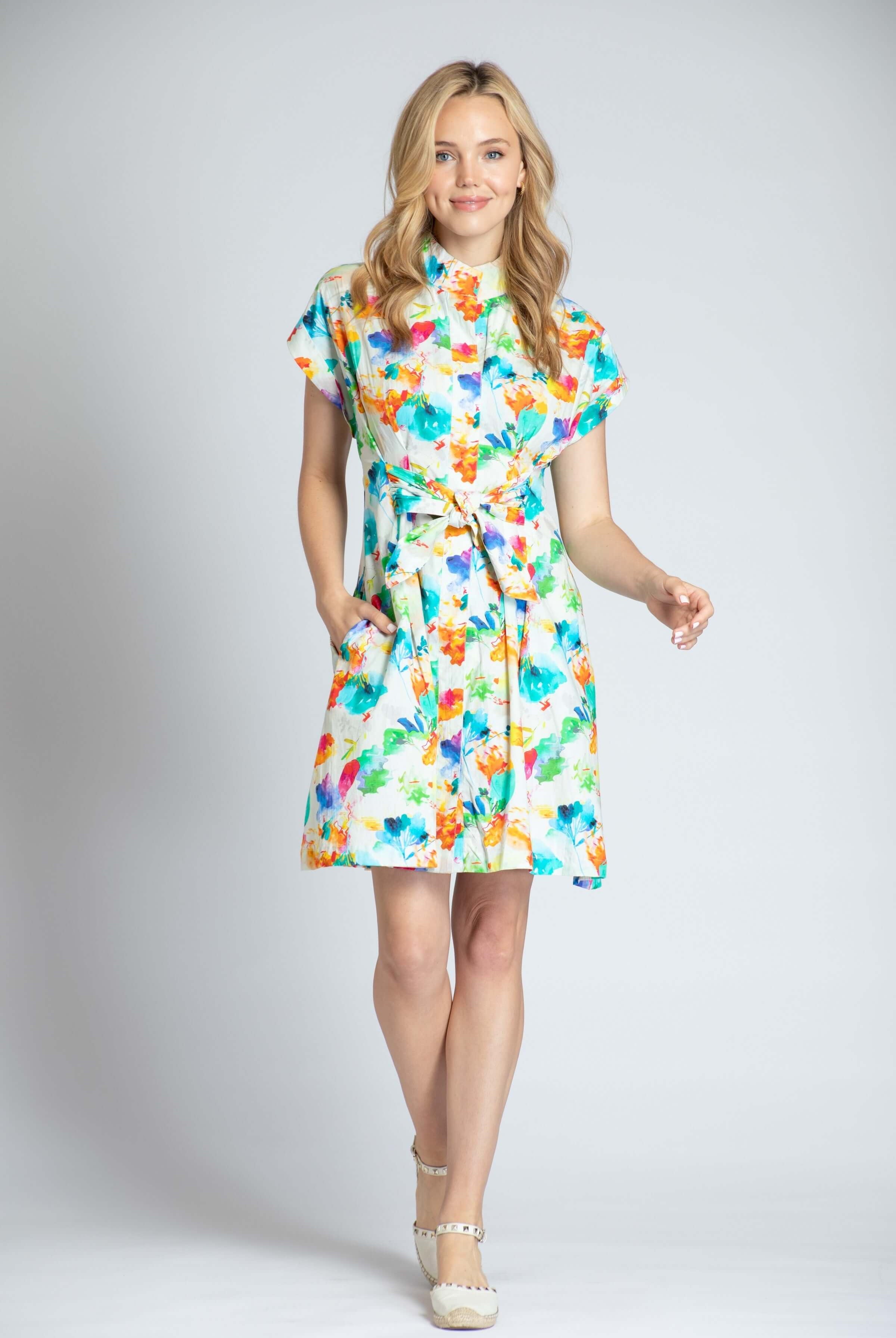 Abstract Bloom Print - Short Sleeve Shirt Dress With Self Tie