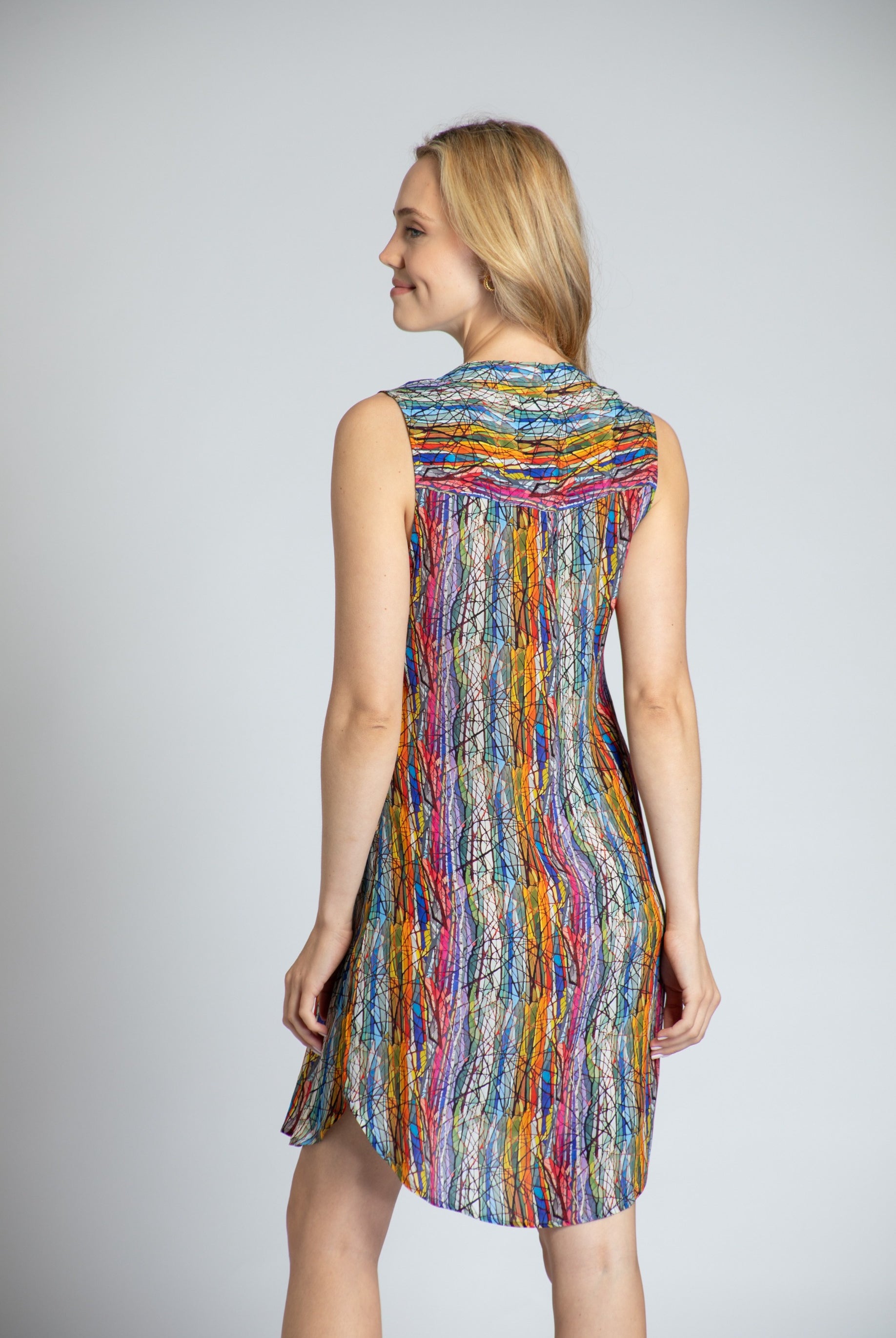 Kaleidoscope Tree Print - Sleeveless 1/2 Button-up Dress