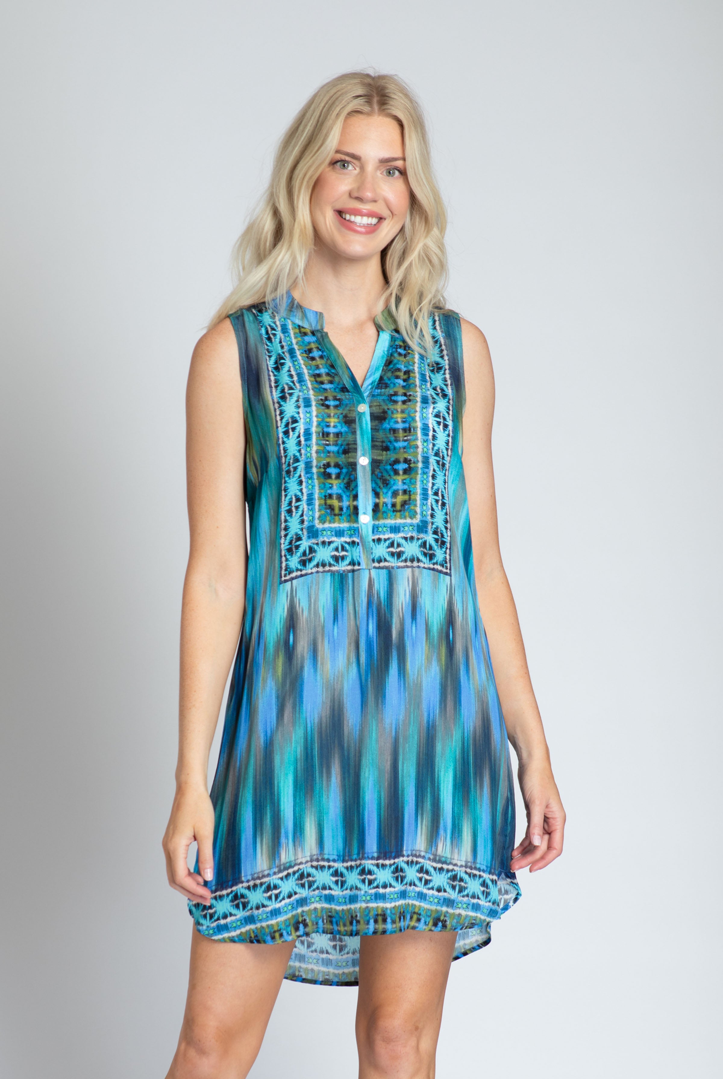 Blue/Green Brushstrokes Placement Print - Sleeveless 1/2 Button-up Dress