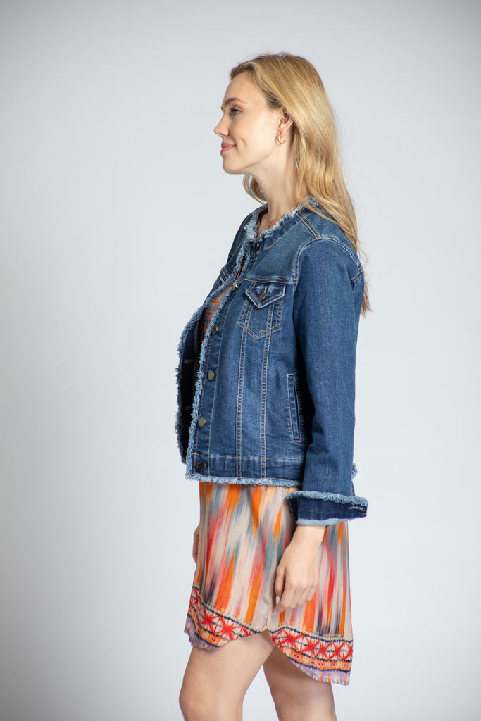 Collarless Jean Jacket with Frayed Detail APNY
