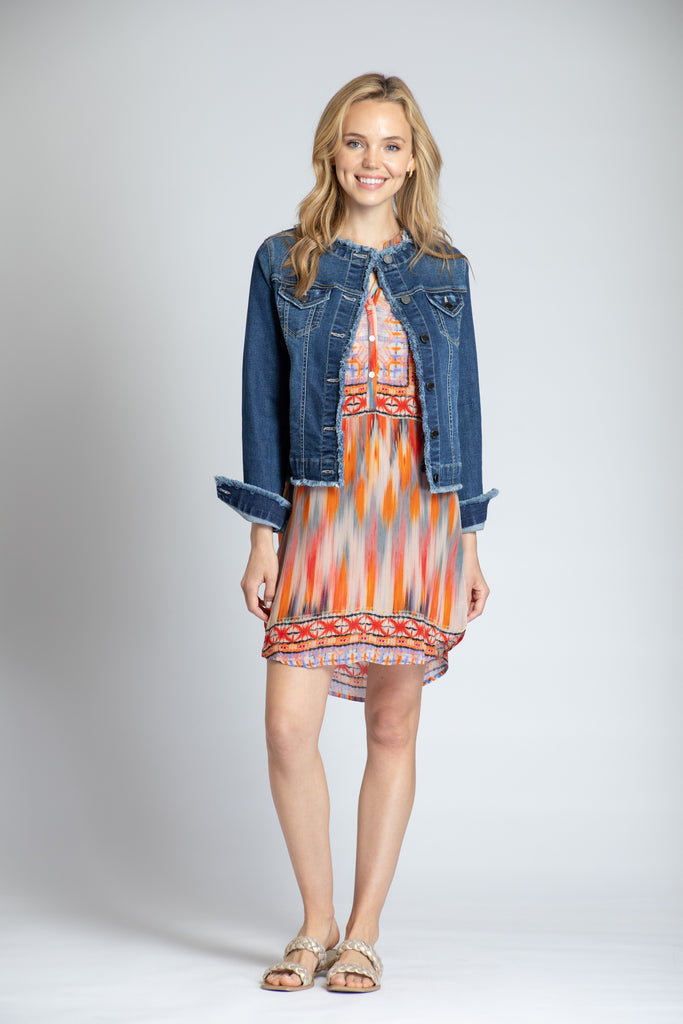 Collarless Jean Jacket with Frayed Detail APNY