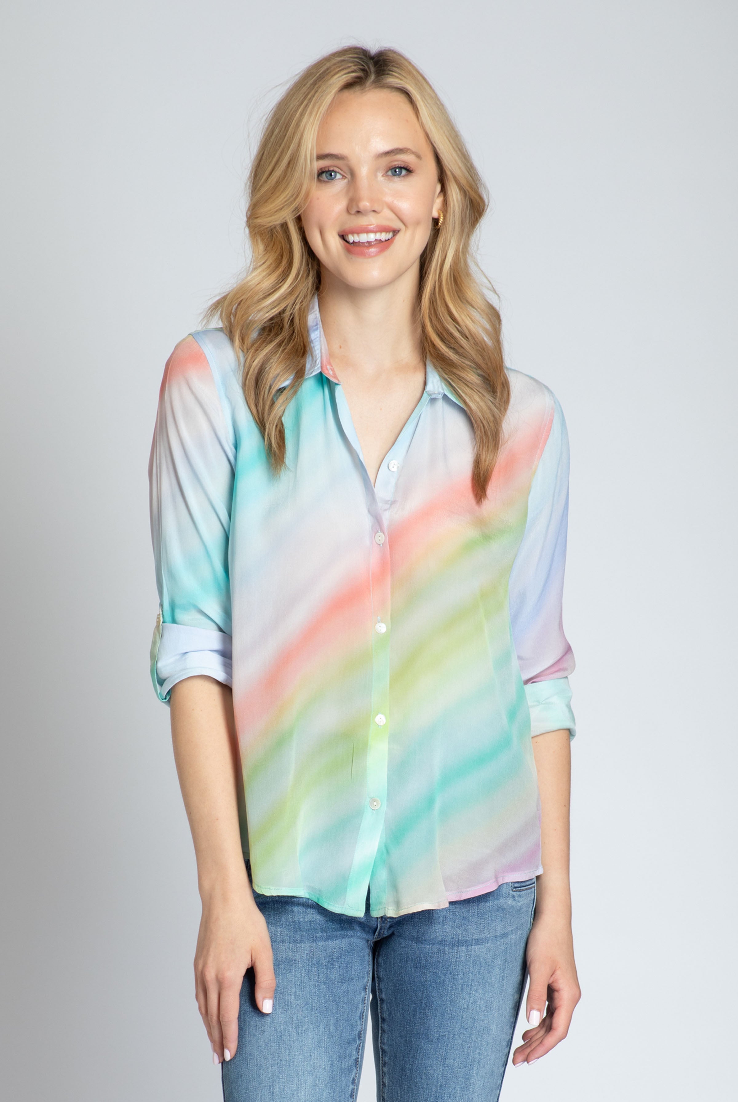 Colorful Rainbow On Diagonal Print - Button-up With Roll-up Sleeve