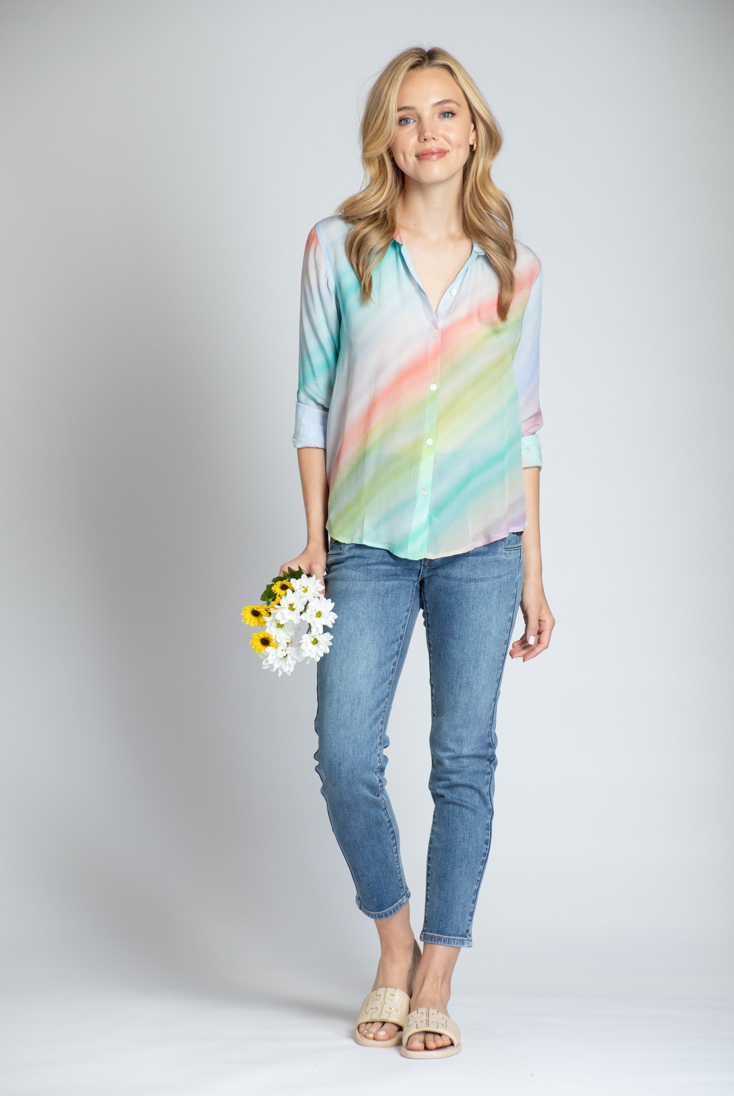 Colorful Rainbow On Diagonal Print - Button-up With Roll-up Sleeve