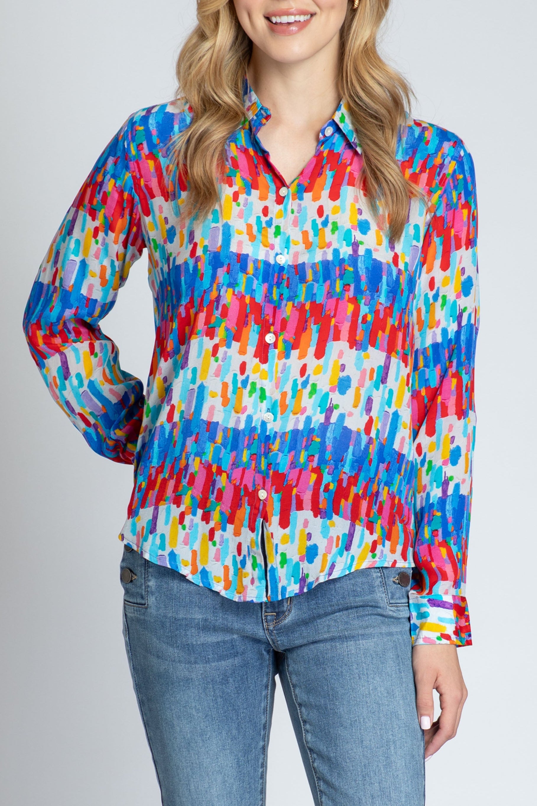 Multicolor Horizontal/ Vertical Brushes Print - Button-up With Roll-up Sleeve
