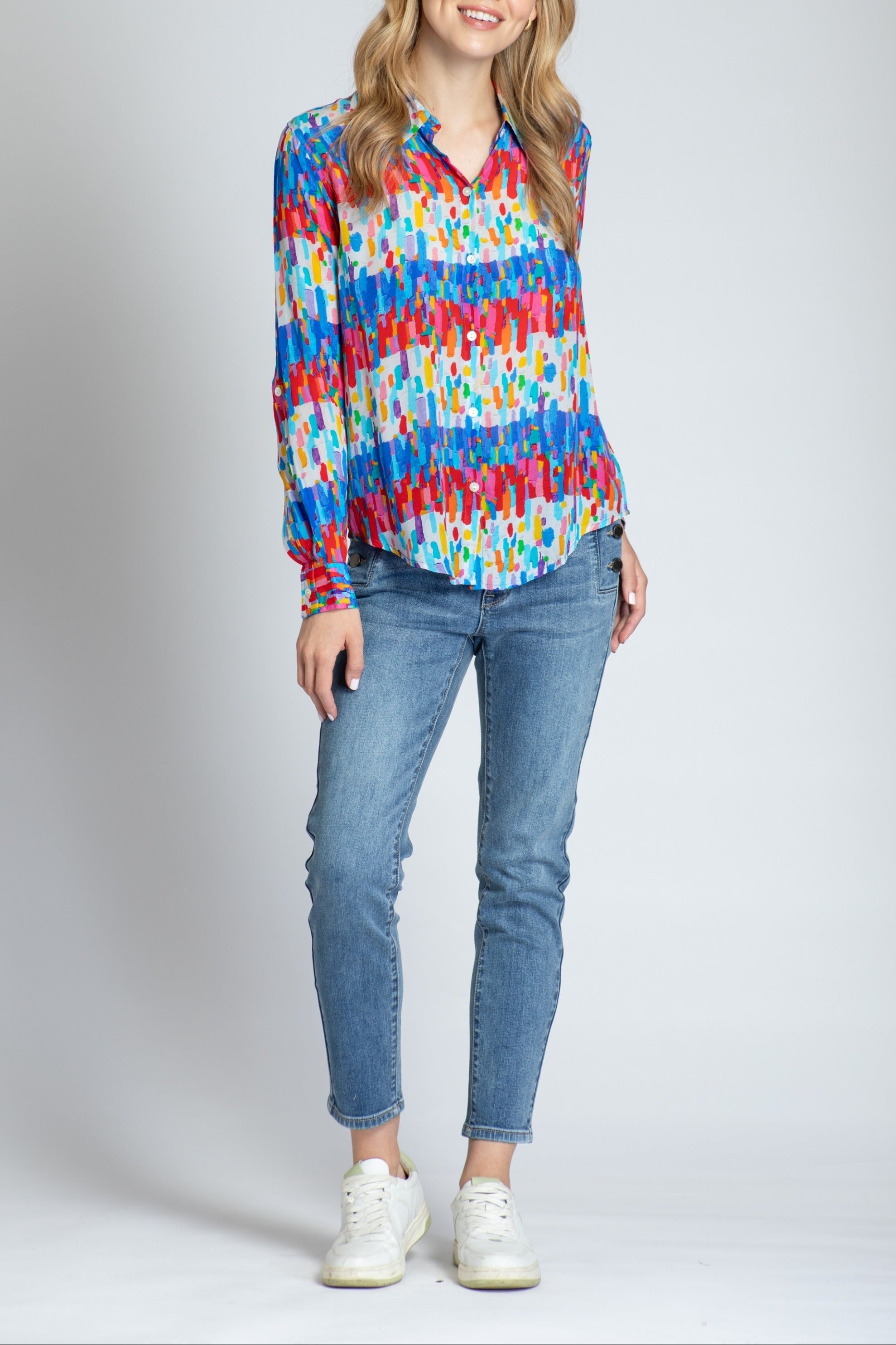 Multicolor Horizontal/ Vertical Brushes Print - Button-up With Roll-up Sleeve